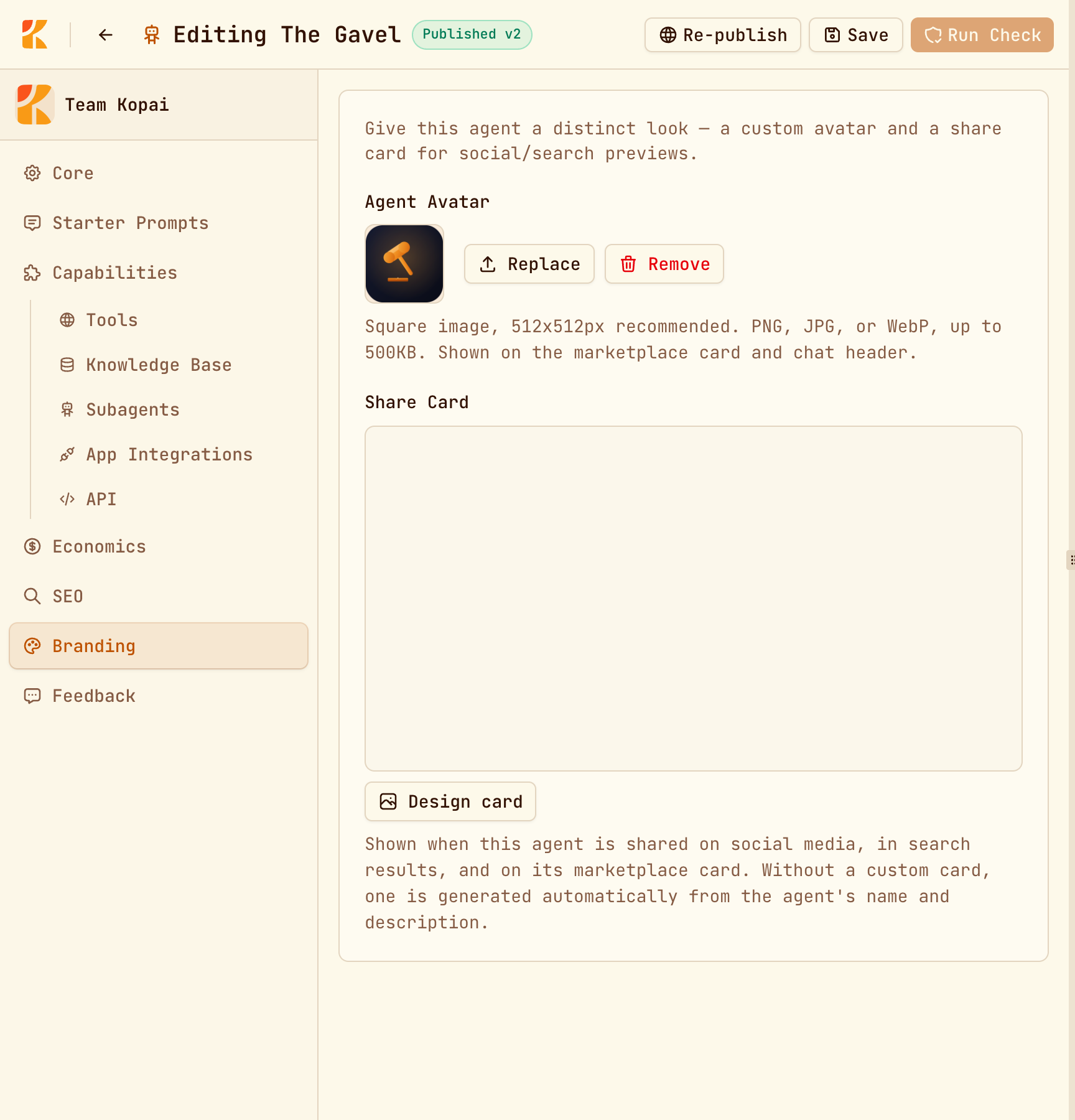 The Branding tab with avatar upload and share card editor