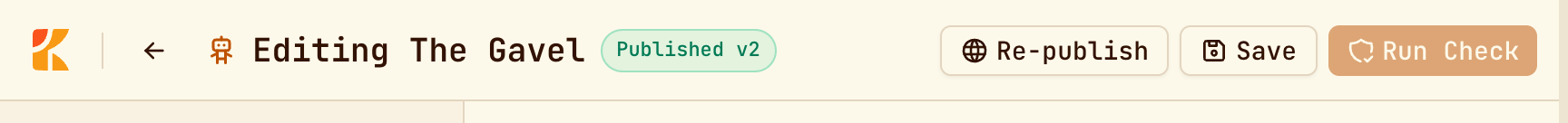 The builder header with the agent name, status, Re-publish, Save and Run Check
