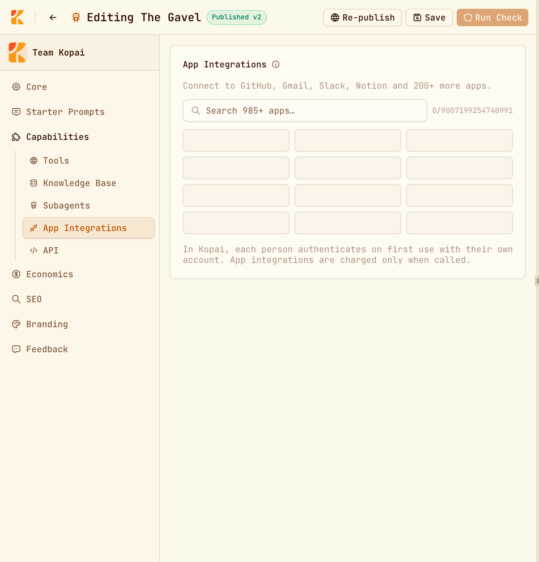 Capabilities, App Integrations, with app search and selected apps