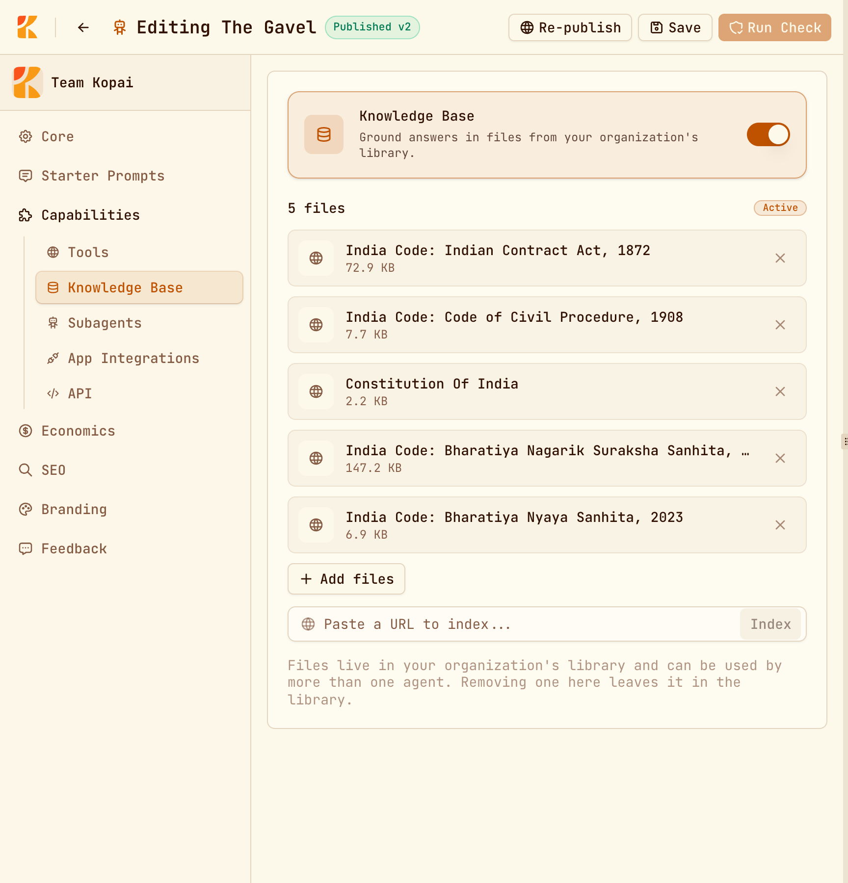Capabilities, Knowledge Base, with attached files and a field for indexing a URL