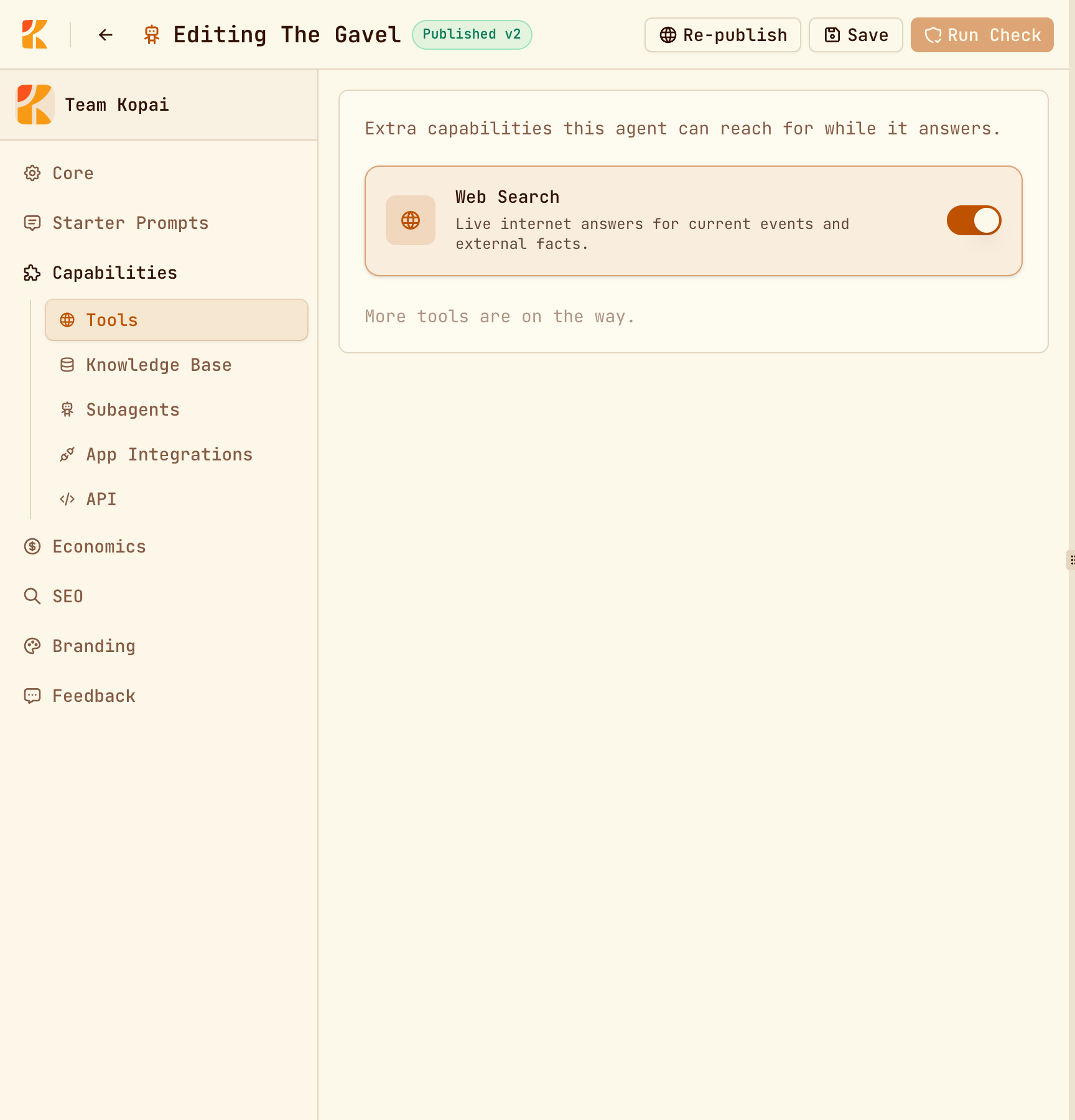 Capabilities, Tools, with Web Search switched on