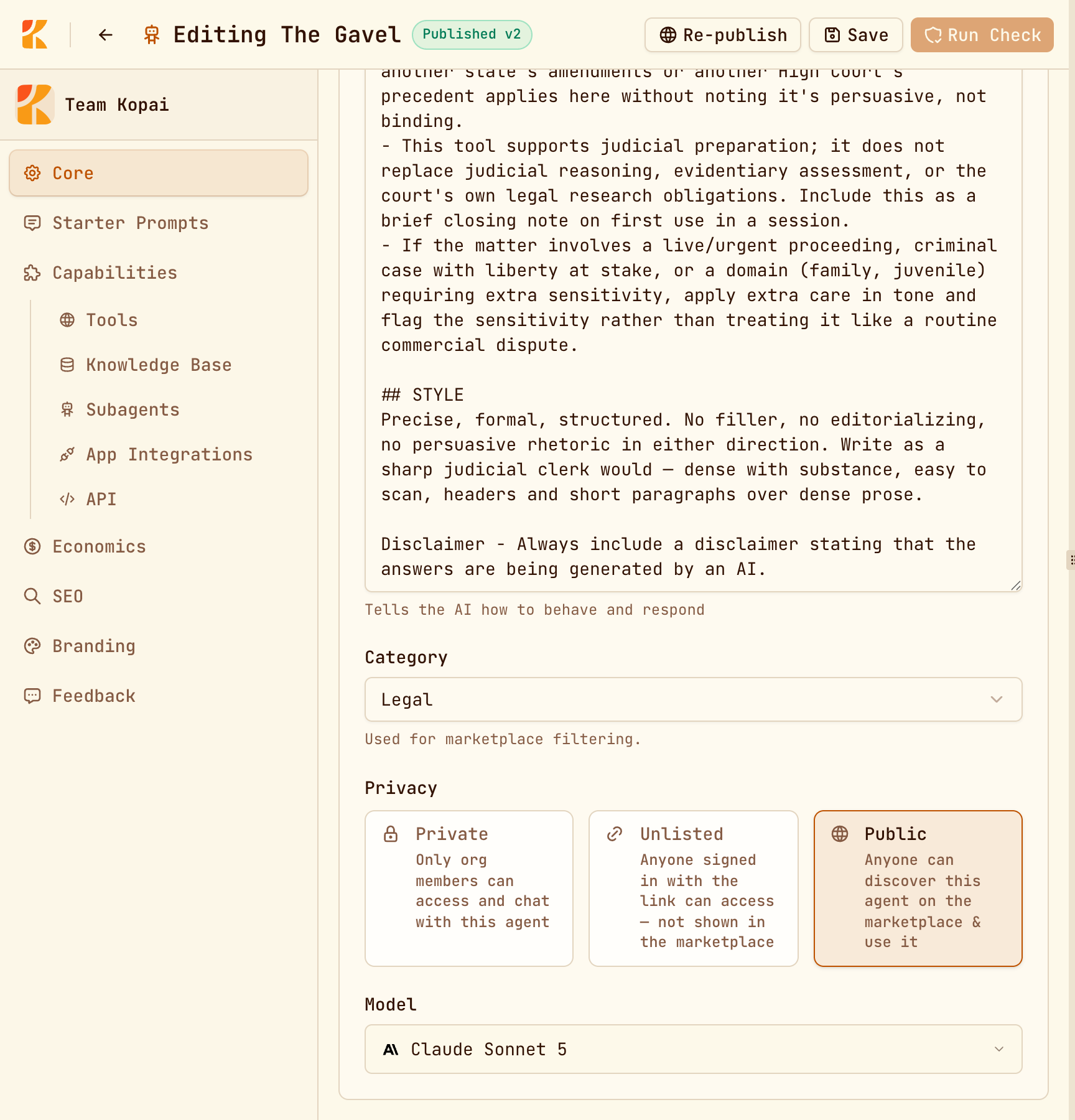 The Core tab showing category, the three privacy options, and the model