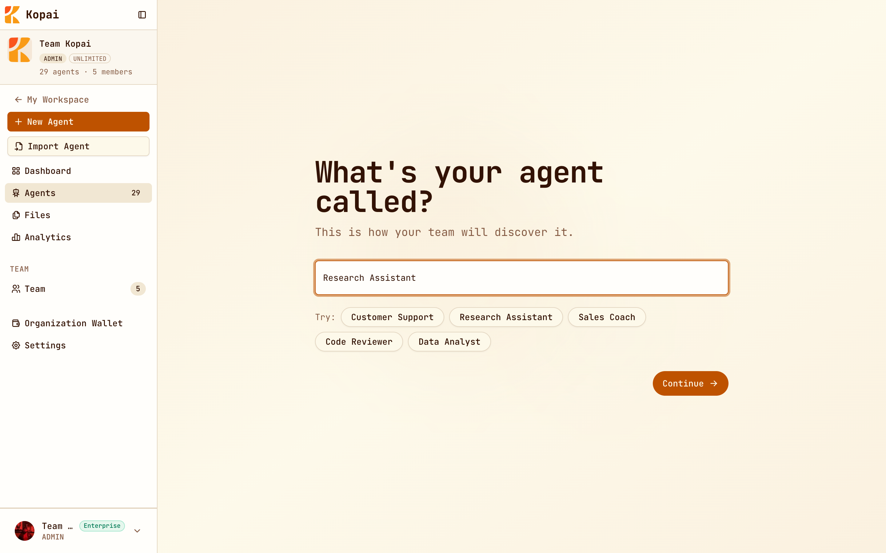 The agent naming step with suggestion chips
