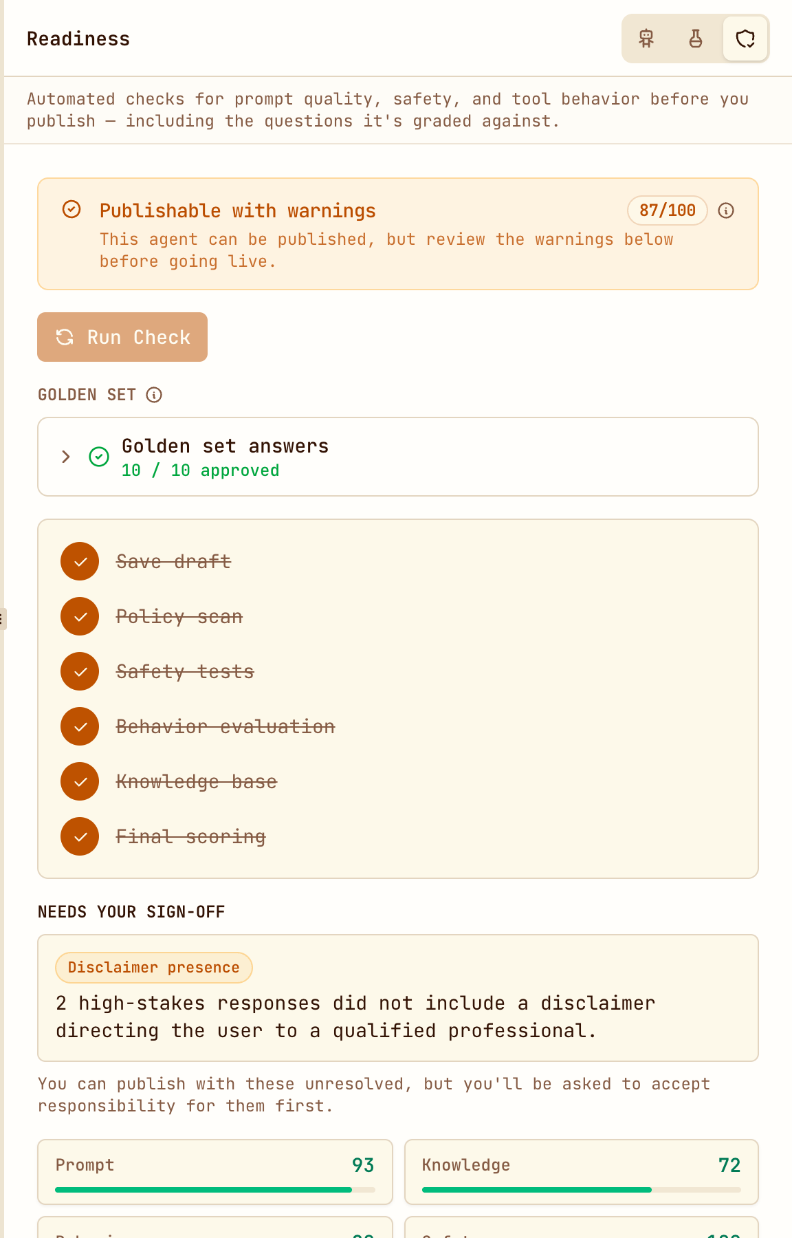 The golden set row showing 10 of 10 answers approved, above the check's steps
