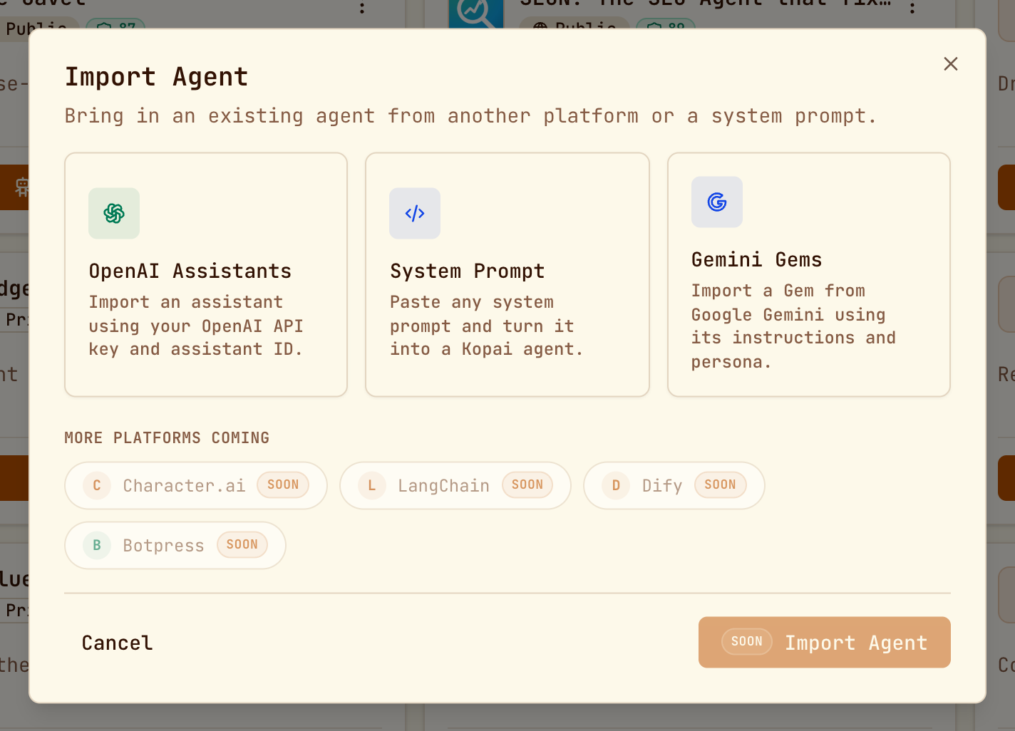 The Import Agent dialog listing import sources