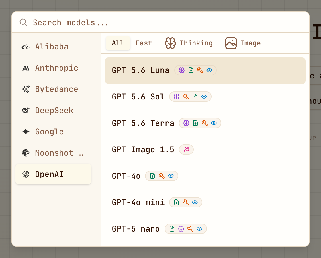 The model picker with a provider list and Fast, Thinking and Image filters