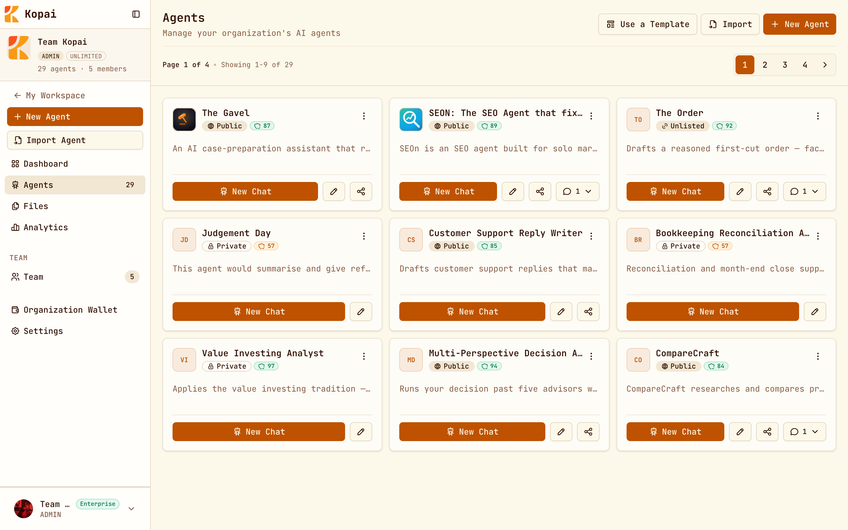 An organization's Agents page with Use a Template, Import and New Agent buttons