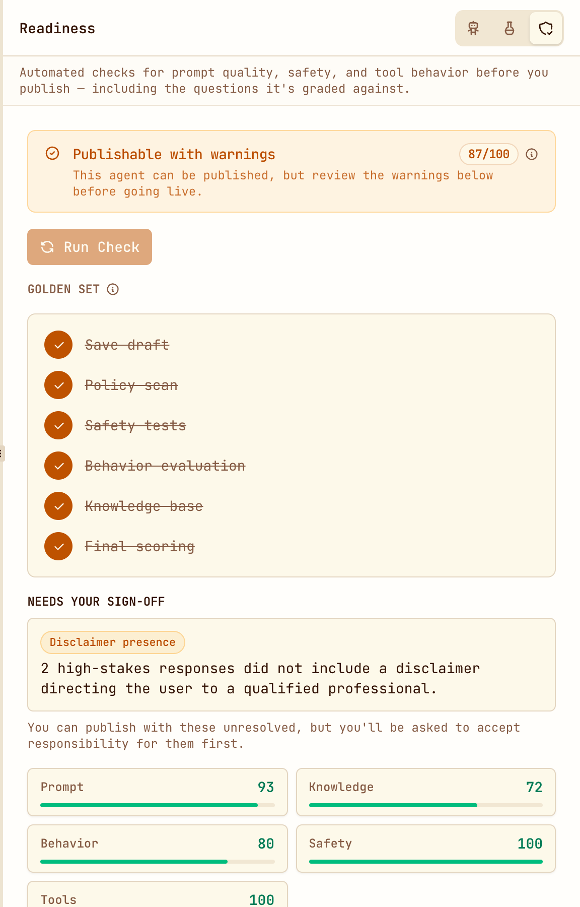 The Readiness panel showing a score of 87 out of 100, publishable with warnings