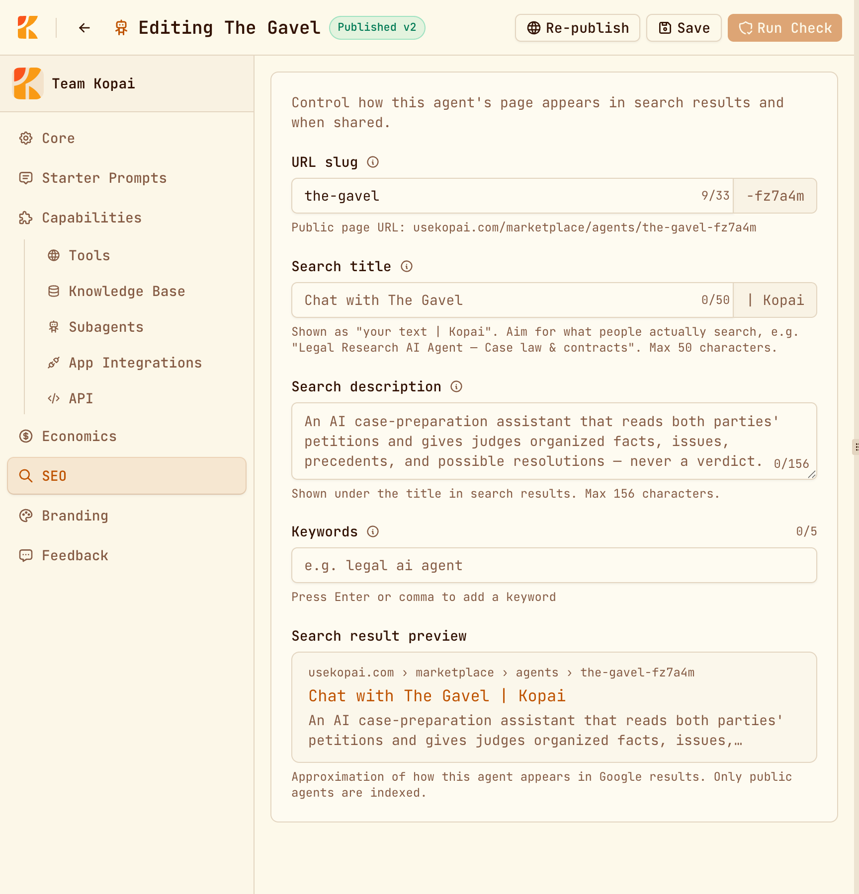 The SEO tab with slug, search title, description, keywords and a search result preview