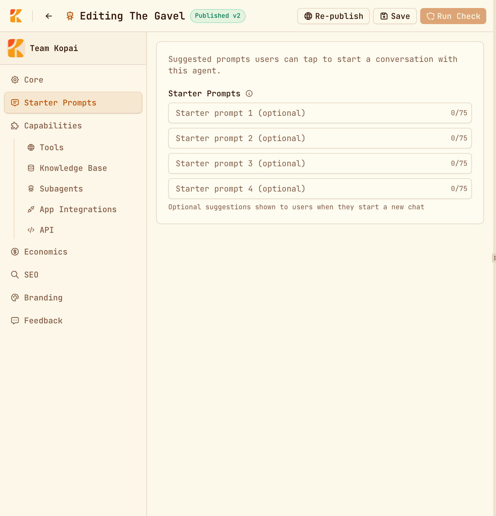 The Starter Prompts tab with four prompt fields