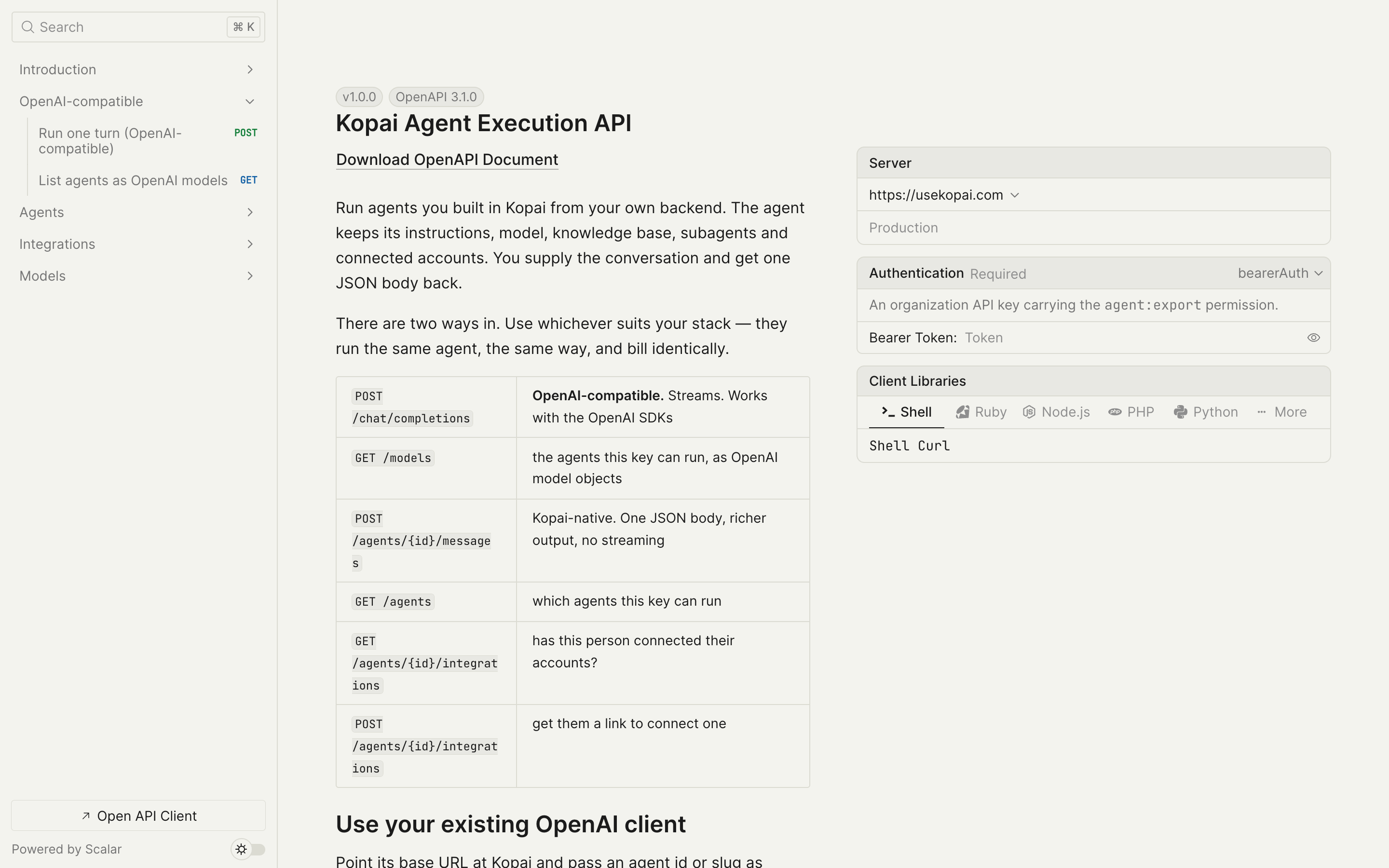 The Kopai Agent Execution API reference page