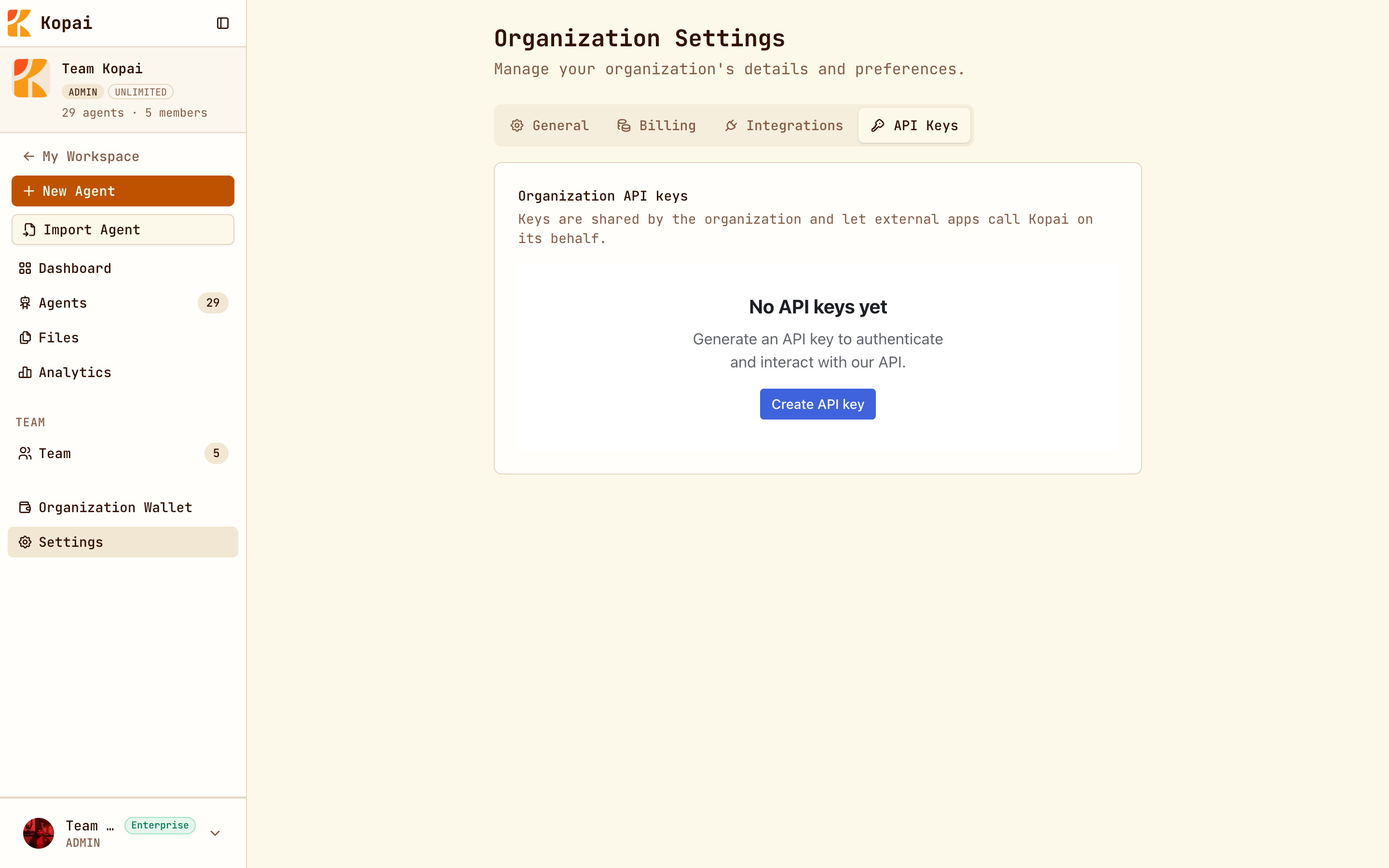 Organization settings, API Keys tab, with Create API key