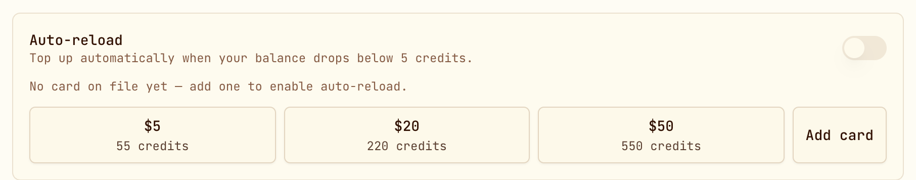 The auto-reload section with its threshold and 55, 220 and 550 credit packs