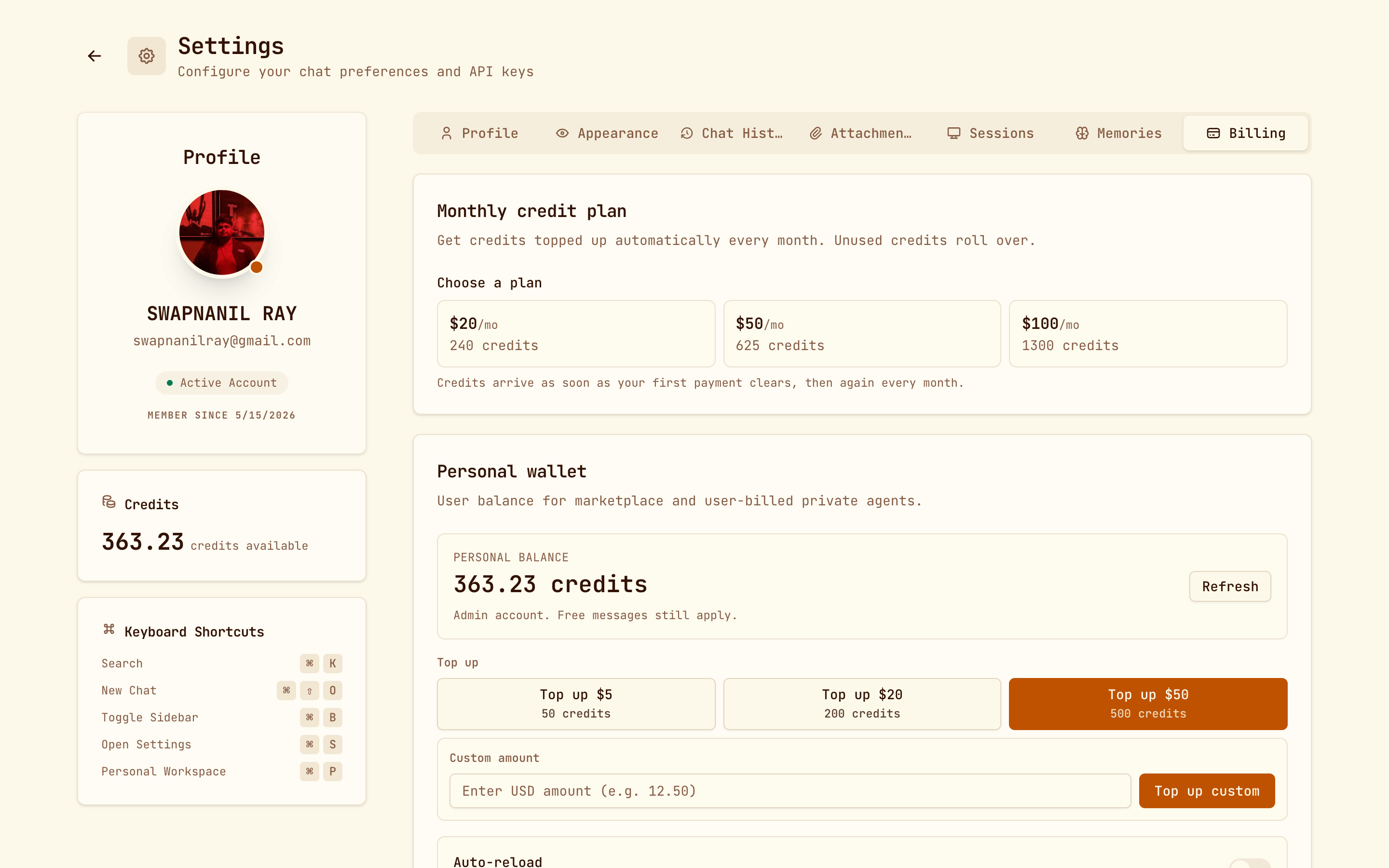 Settings, Billing tab, with monthly credit plans, personal balance and top-up options