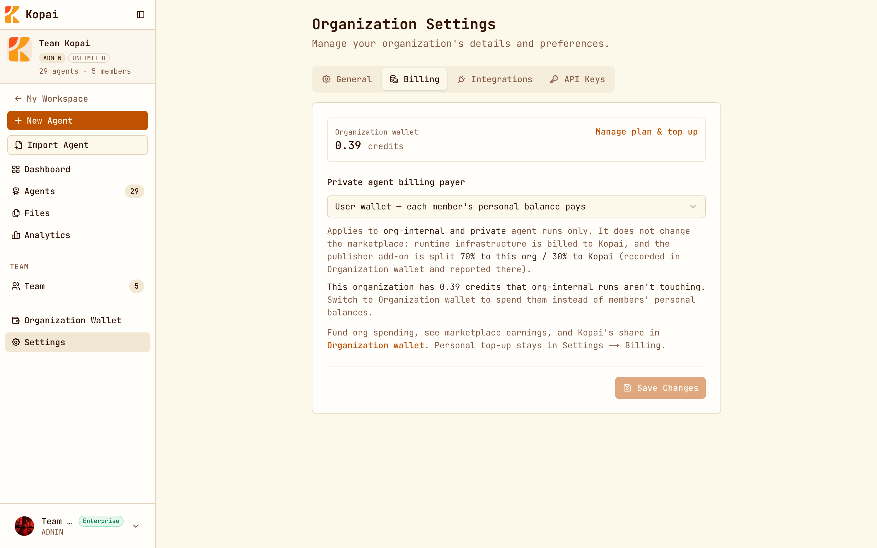Organization settings, Billing tab, with the private agent billing payer selector