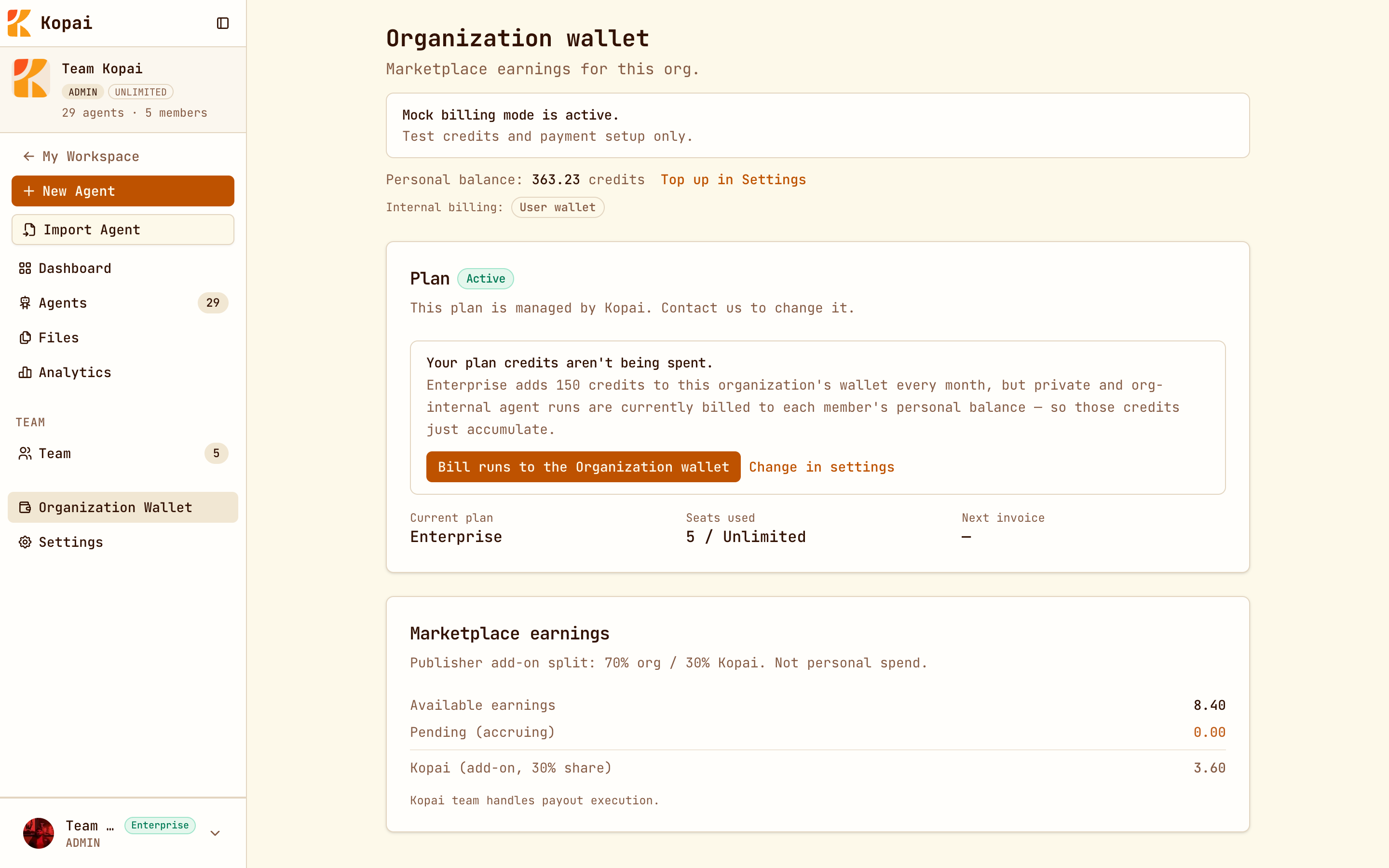 The organization wallet with the plan, billing notice, and marketplace earnings