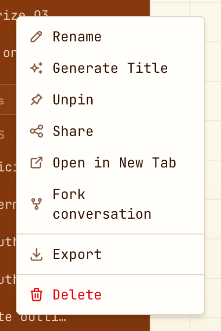 The right-click menu on a chat: Rename, Generate Title, Pin, Share, Open in New Tab, Fork, Export, Delete