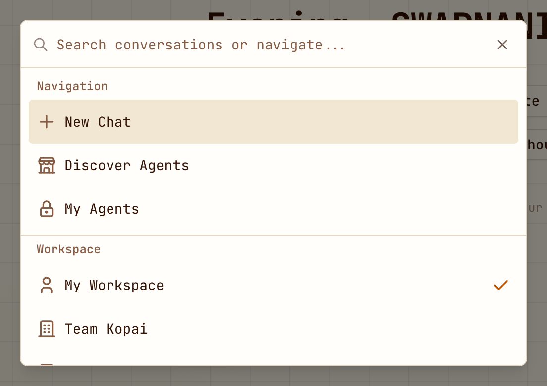 The command palette searching conversations and pages