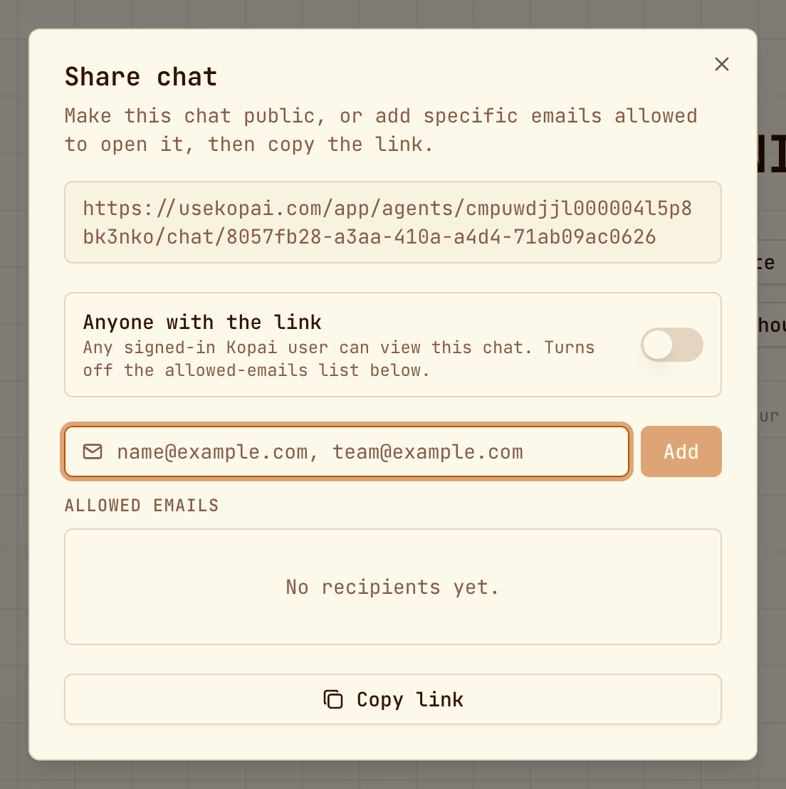 The Share chat dialog with the link toggle and allowed emails