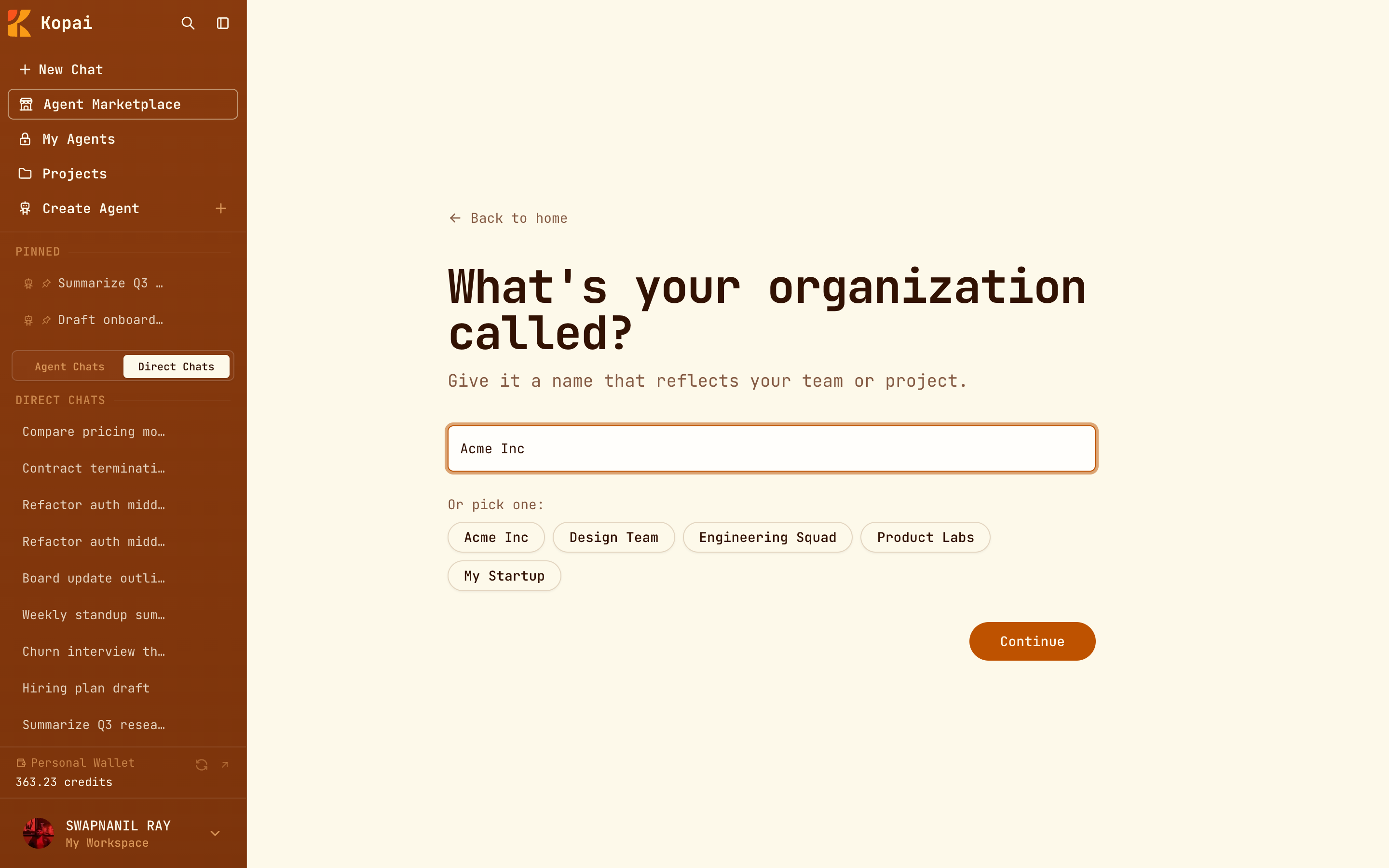 The organization naming step, asking what your organization is called