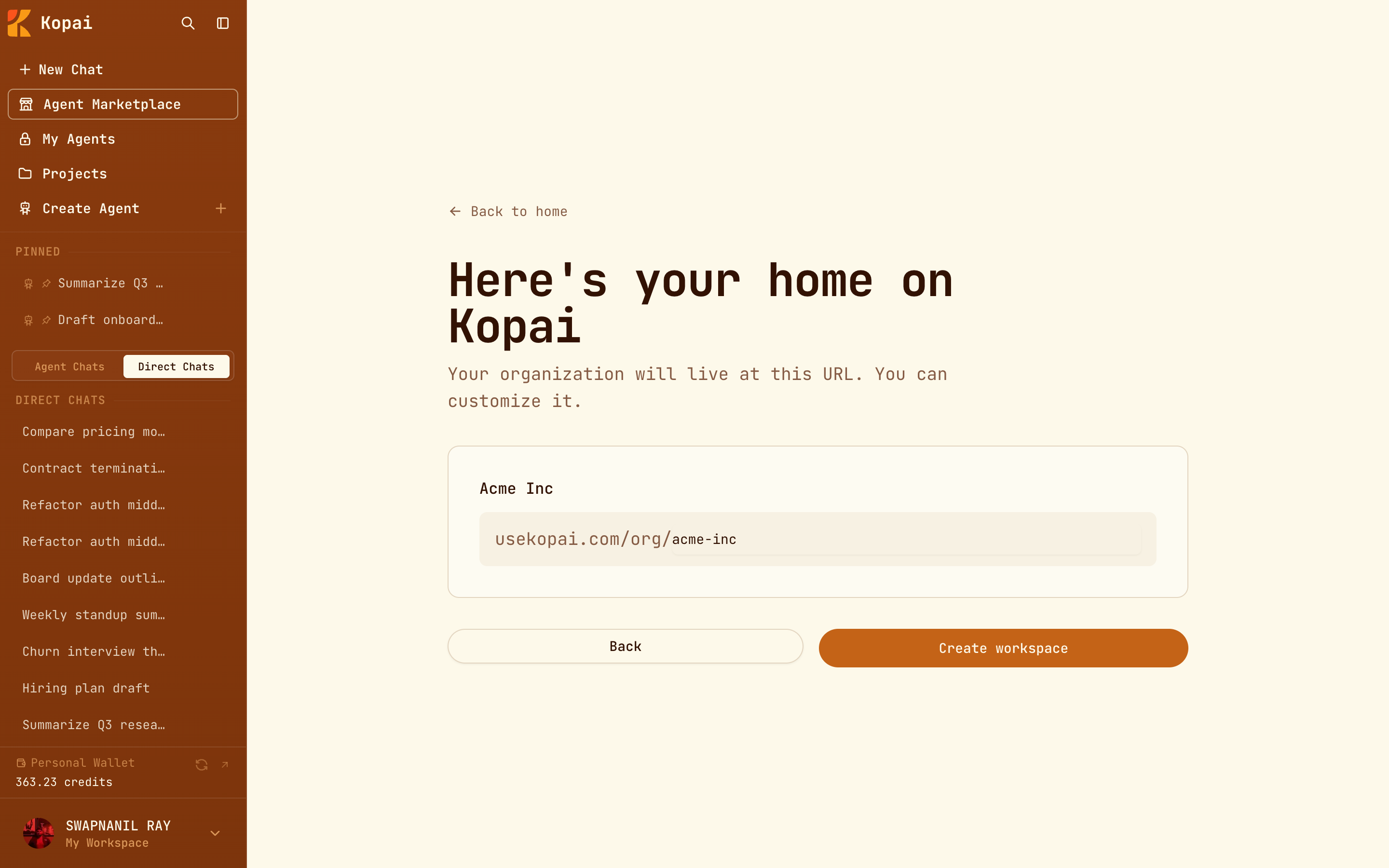 The slug preview step showing the organization's address on Kopai