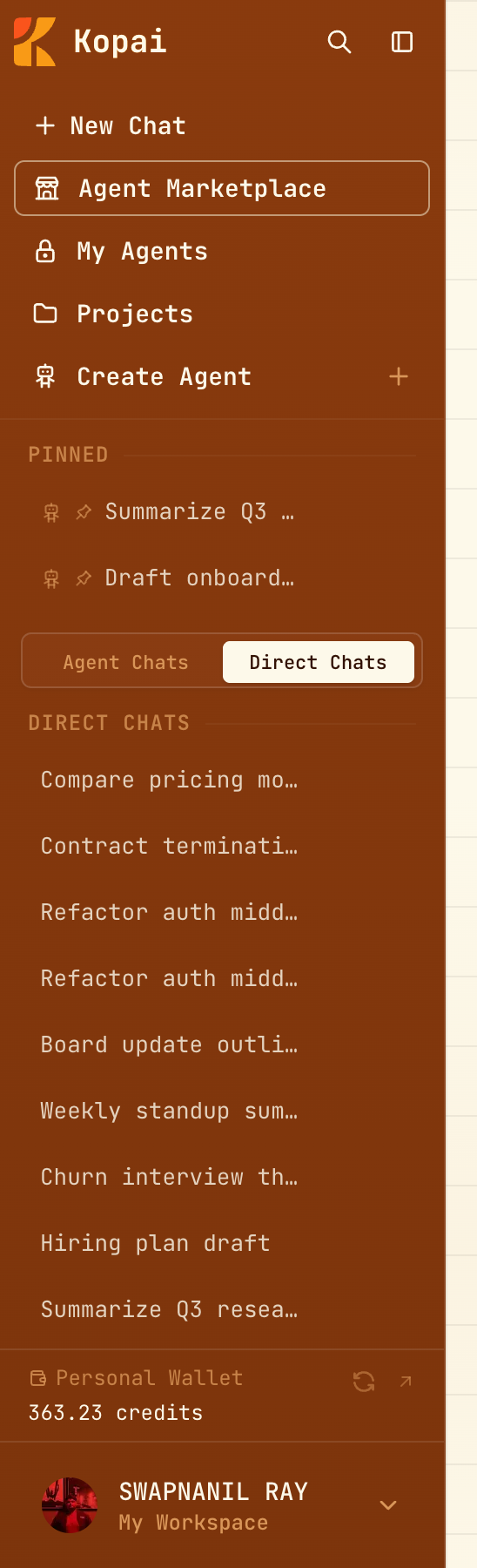 The Kopai sidebar with navigation, pinned chats, chat history, wallet balance and account menu