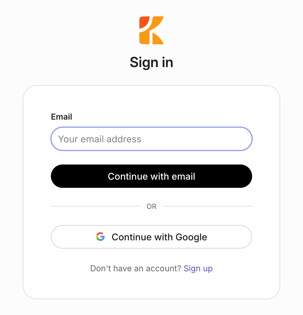 The Kopai sign-in screen with email and Google options