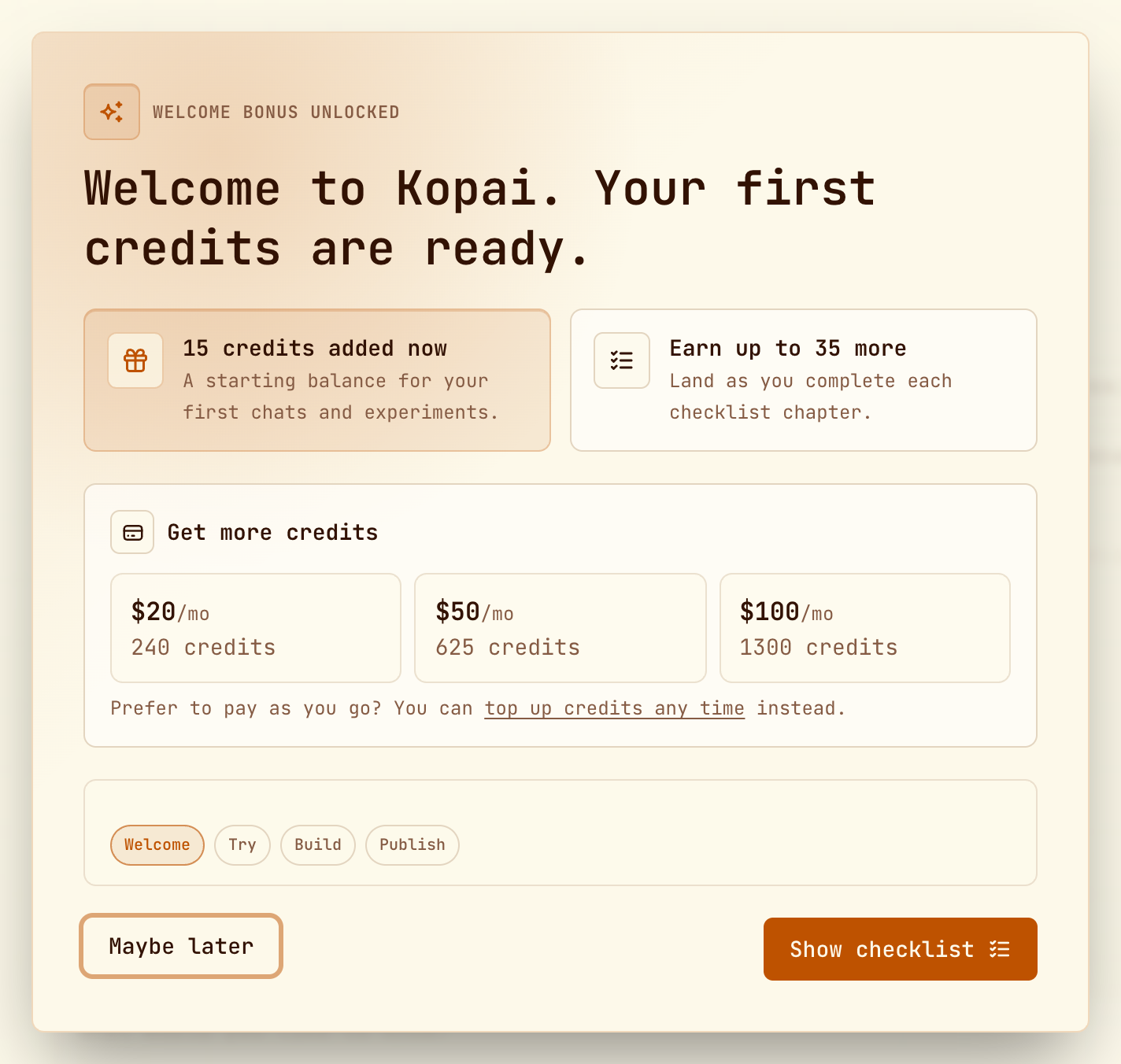 The welcome dialog showing 15 credits added and up to 35 more to earn