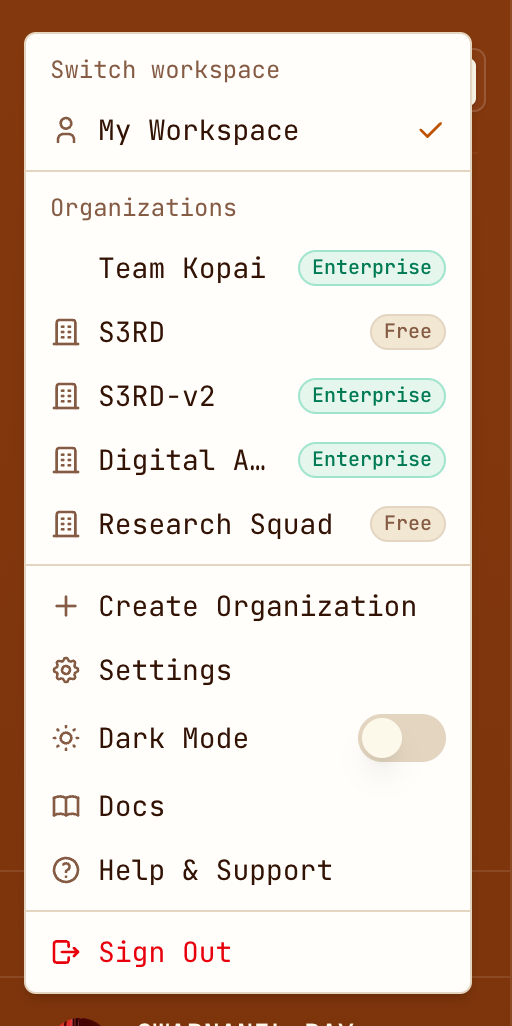 The workspace switcher, listing personal workspace, organizations and Create Organization