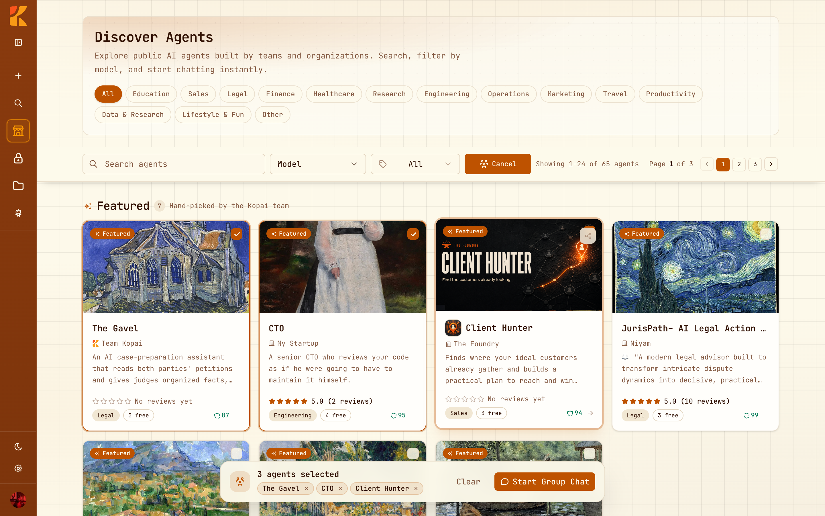 The marketplace in group selection mode with three agents ticked and the Start Group Chat bar
