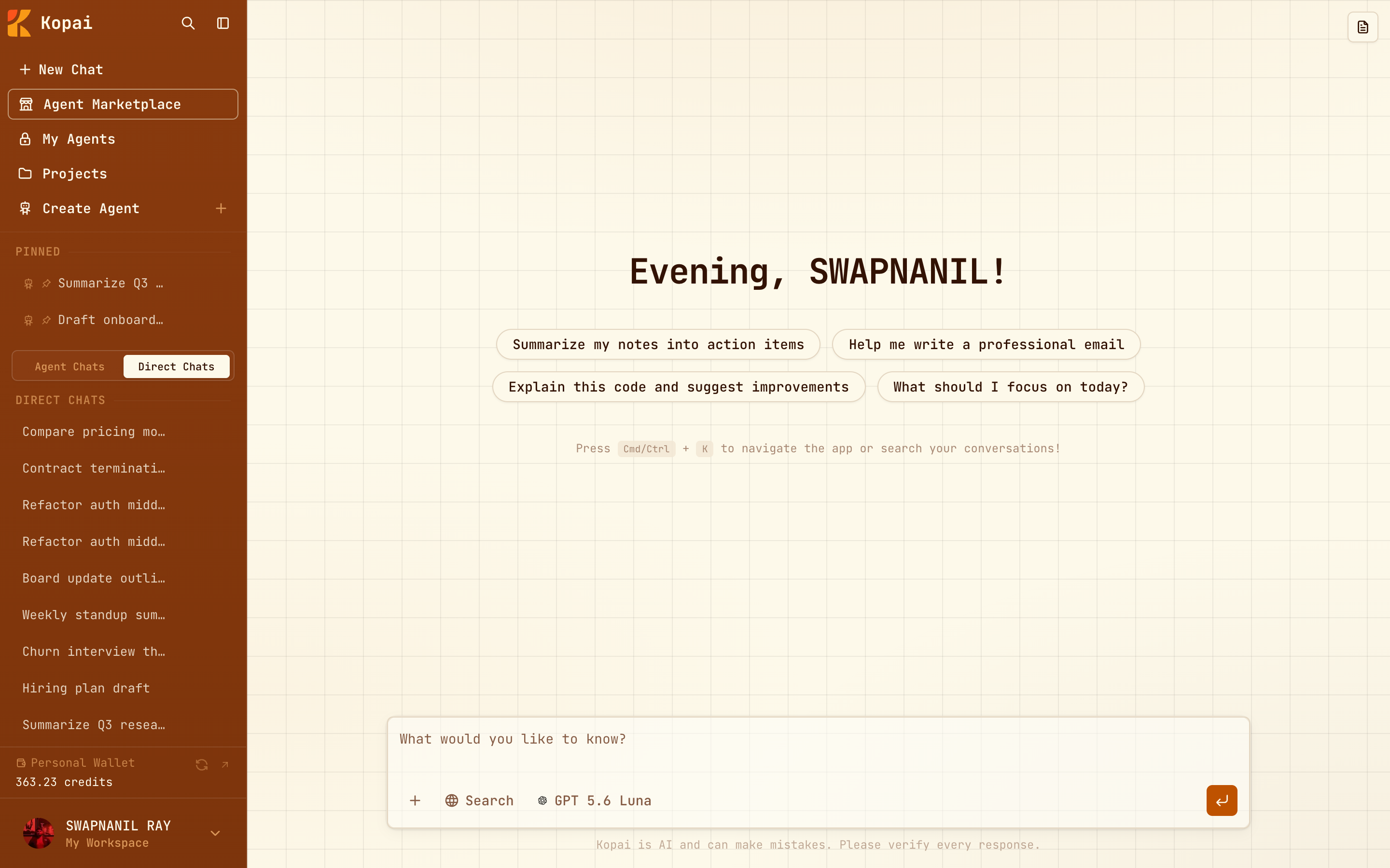 The Kopai app after signing in, with chats in the sidebar and a prompt box in the middle