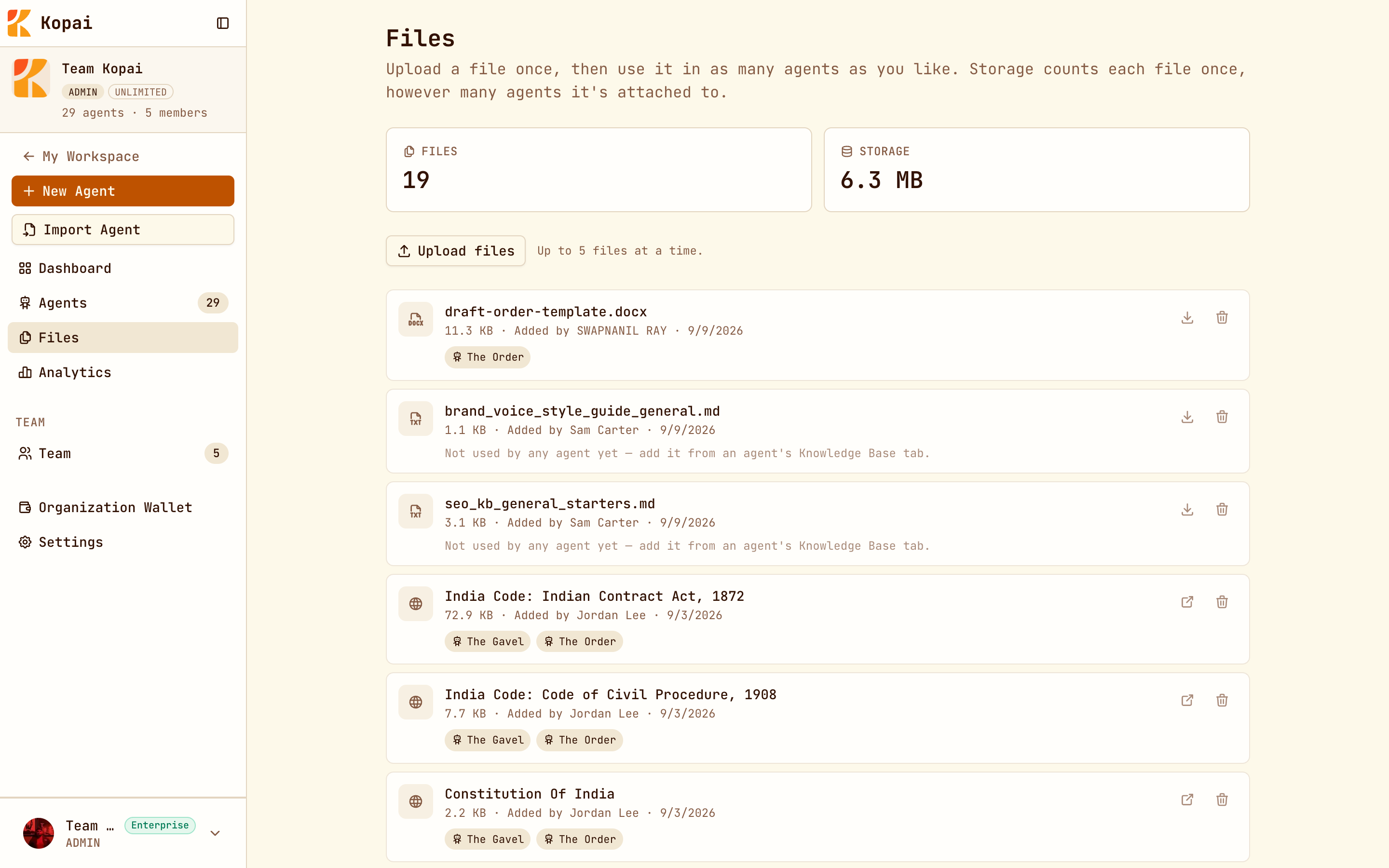 The organization Files page with file count, storage, and files tagged with the agents that use them