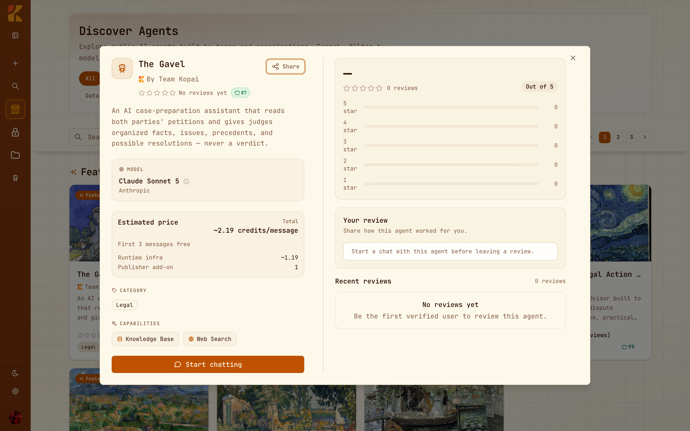 An agent's detail dialog with model, estimated price breakdown, capabilities and reviews