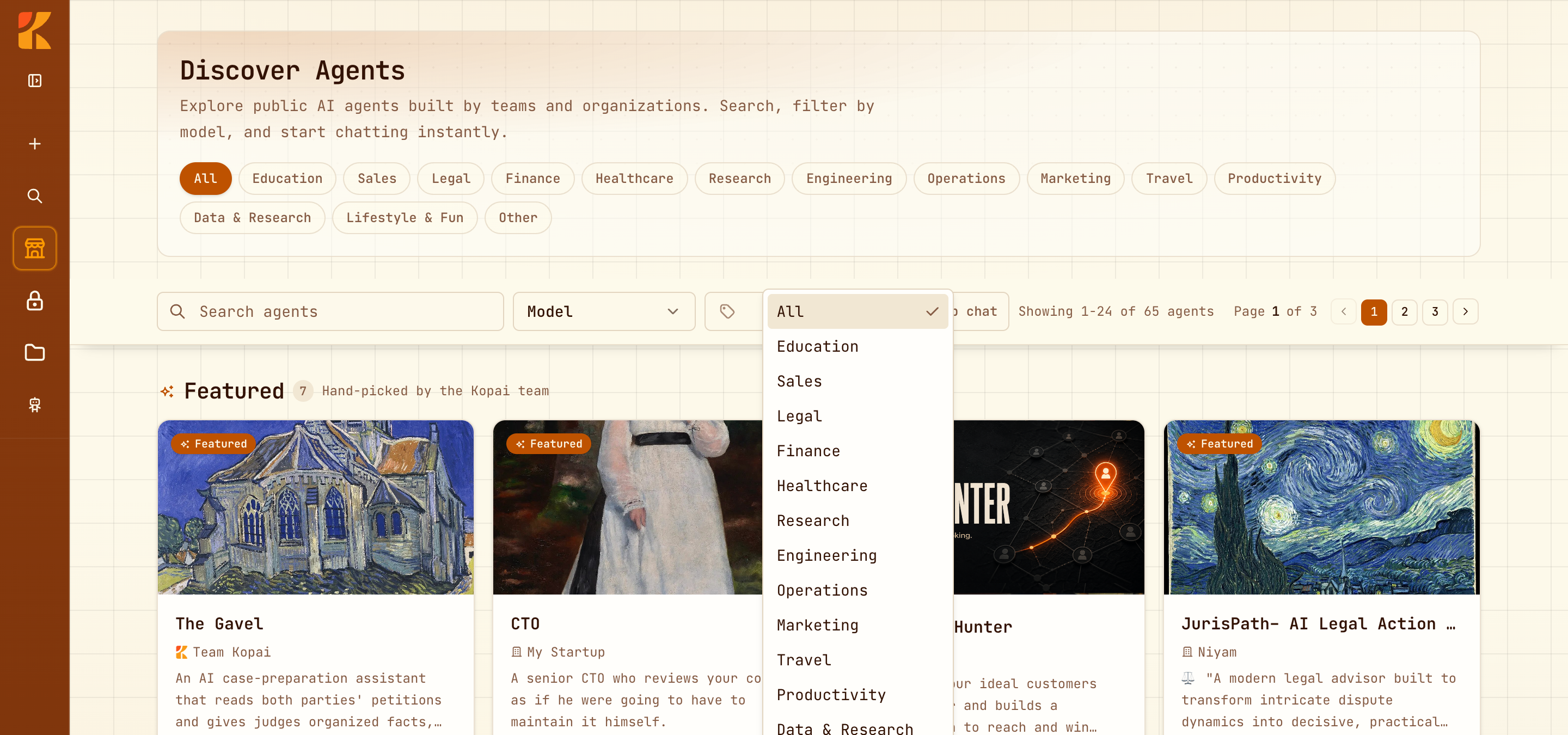 The marketplace toolbar with the model filter open