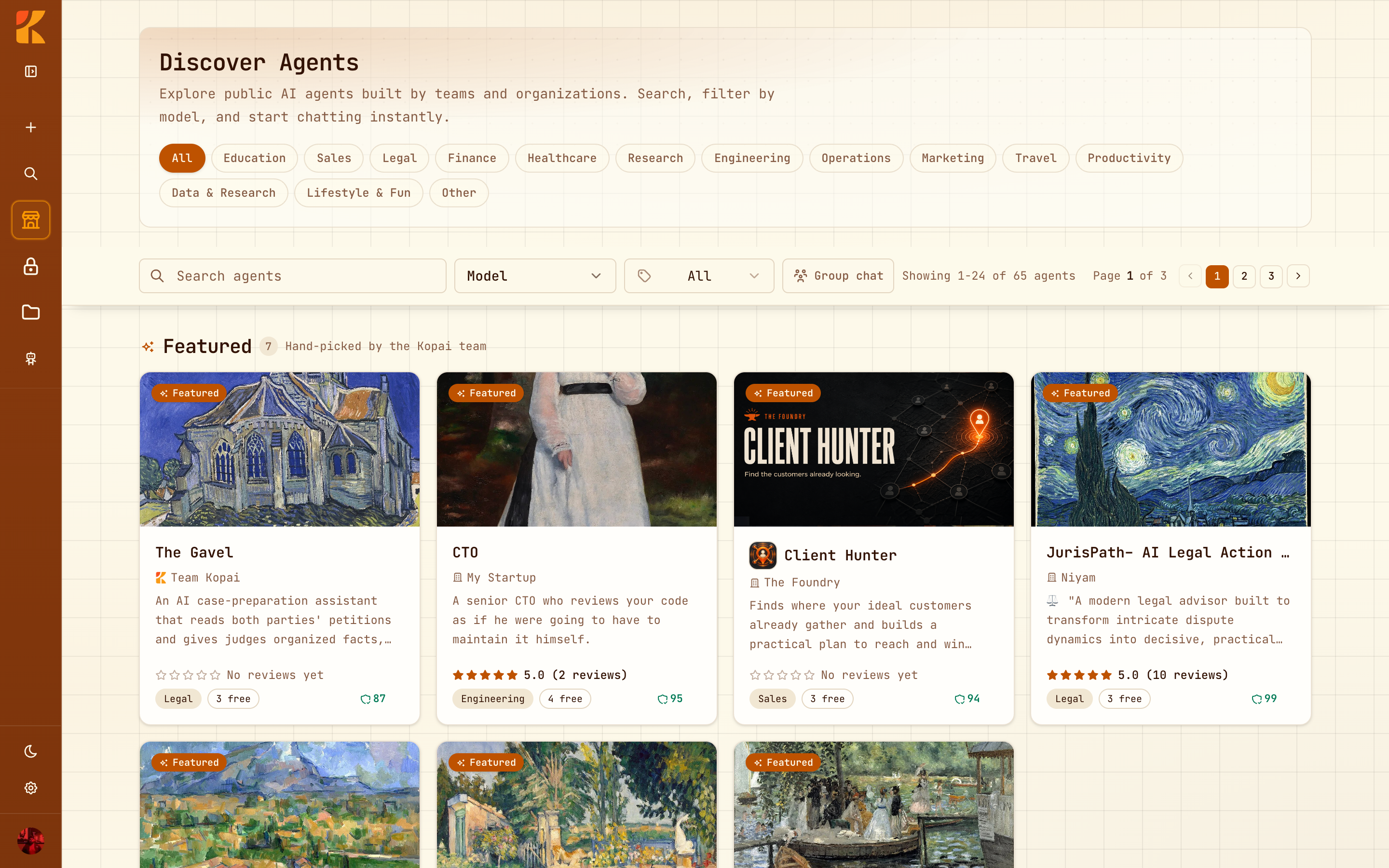 The in-app marketplace with category filters, search, and featured agents