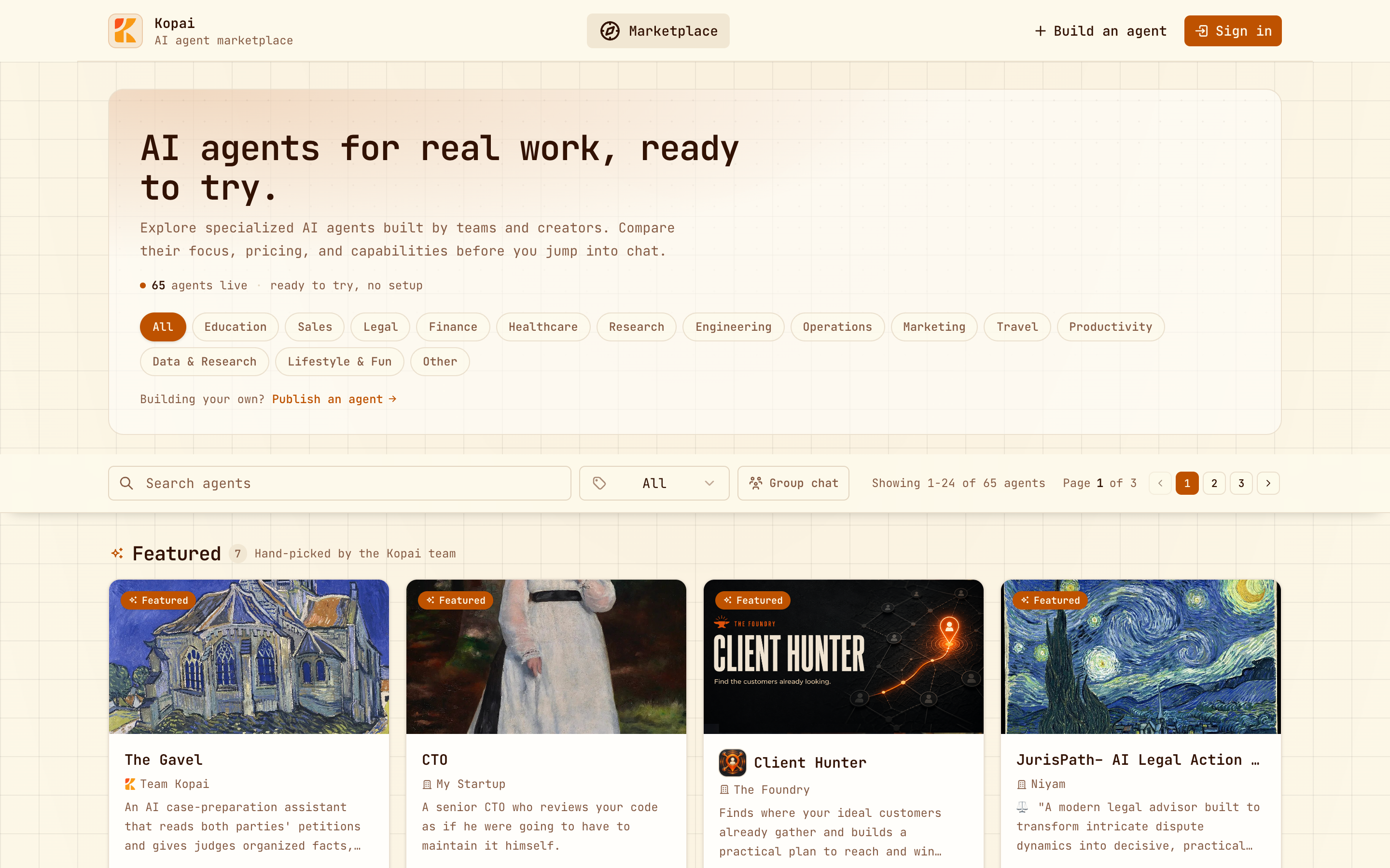 The public marketplace with category filters, search, and featured agents