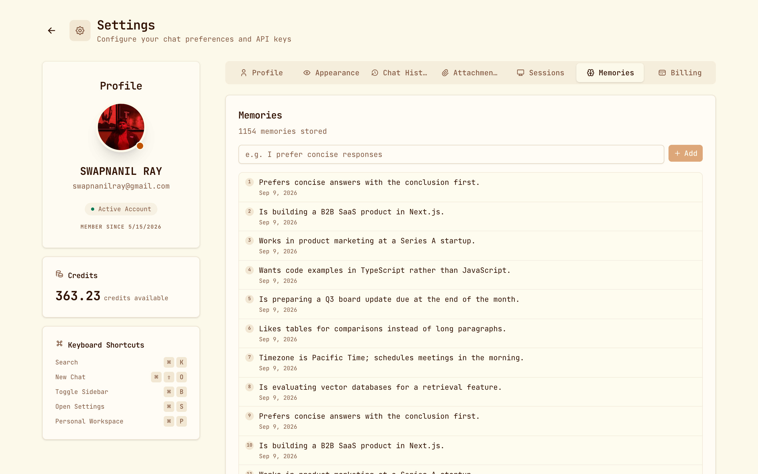 Settings, Memories tab, with the memory count, a field to add one, and a list of stored memories