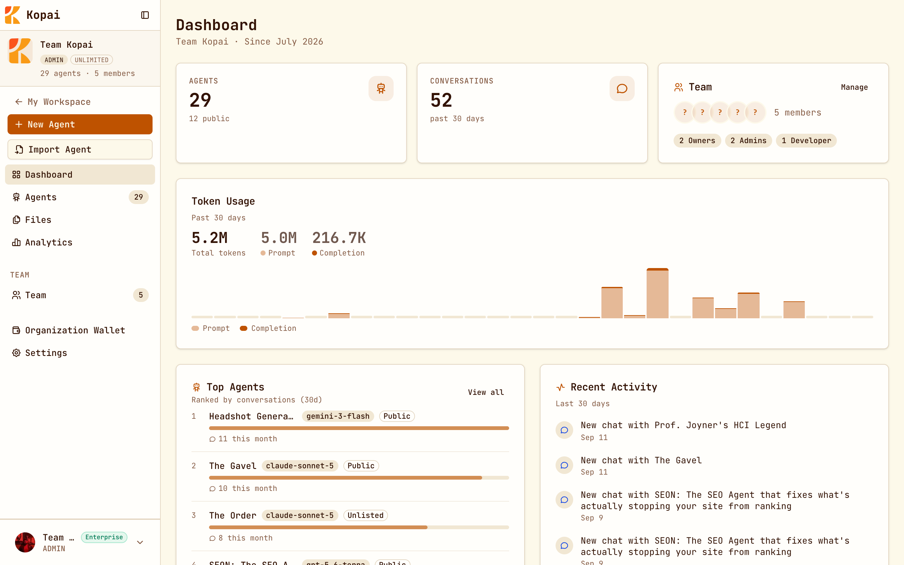 The organization dashboard with agent and conversation counts, token usage, top agents and recent activity