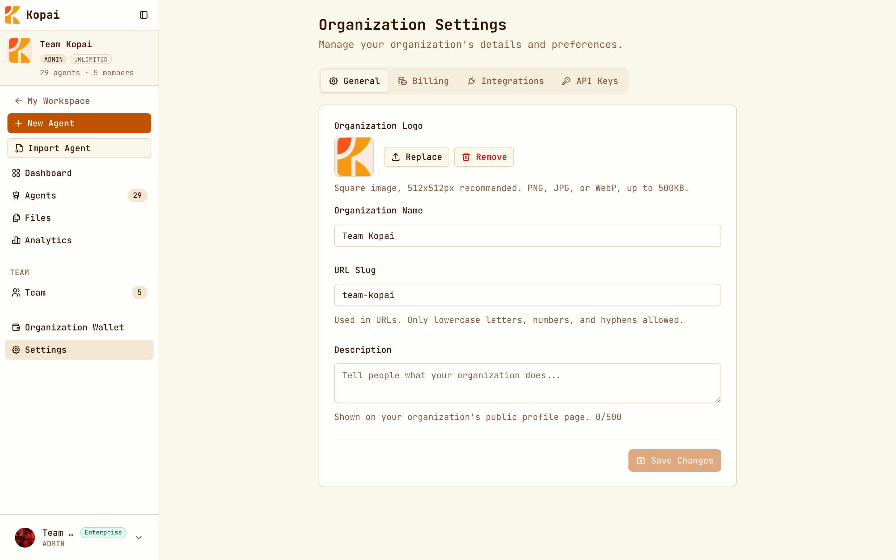 Organization settings, General tab, with logo, name, address and description