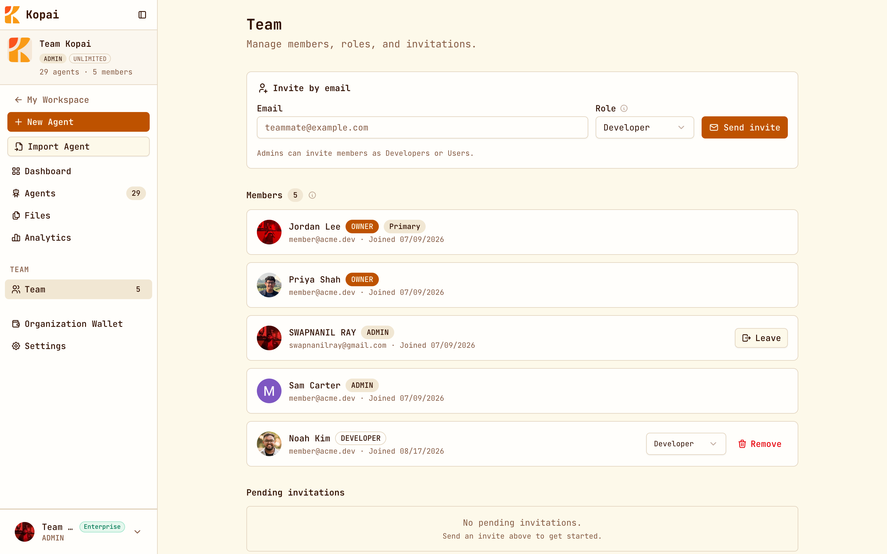 The Team page with the invite form and the member list with role badges
