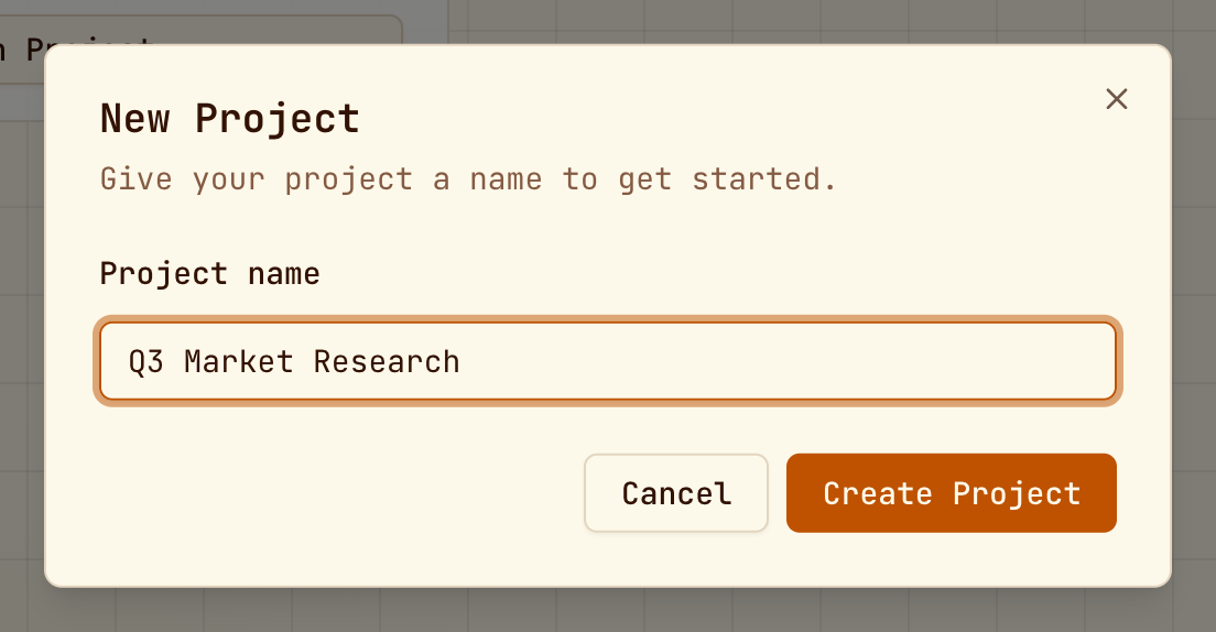 The New Project dialog with a name filled in