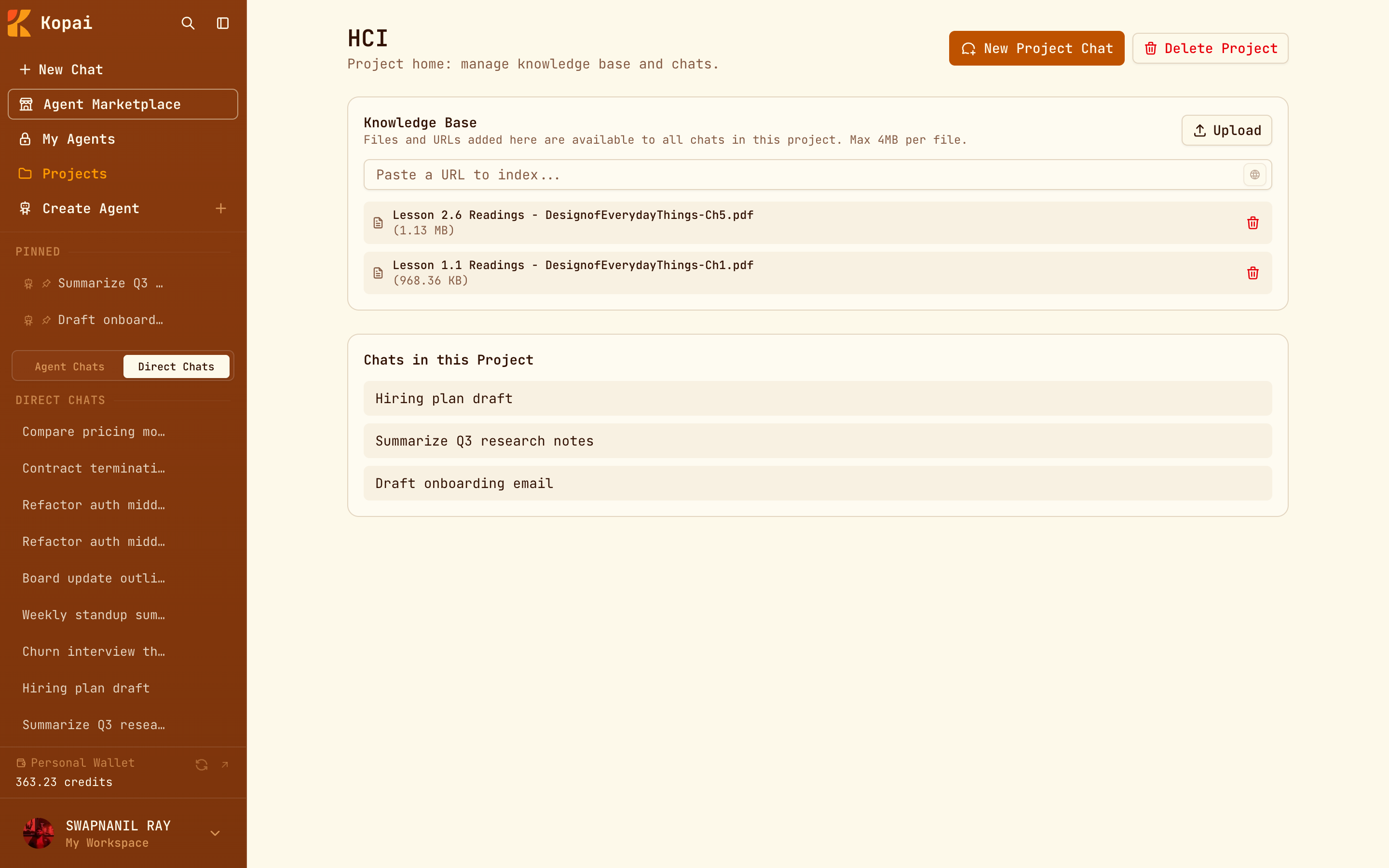 A project page with its knowledge base files and the chats in the project