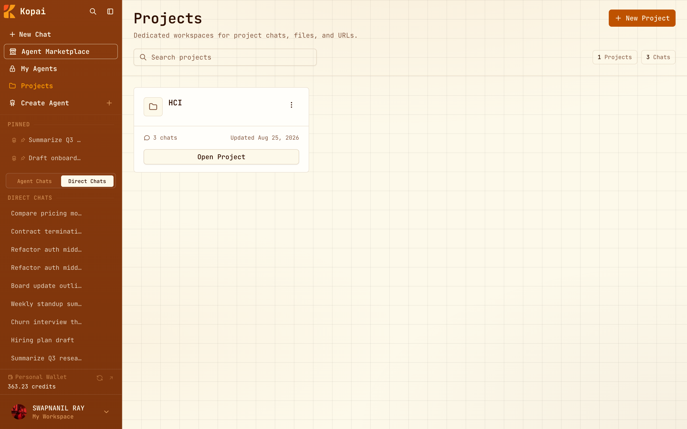 The Projects page with a project card showing its chat count and last update