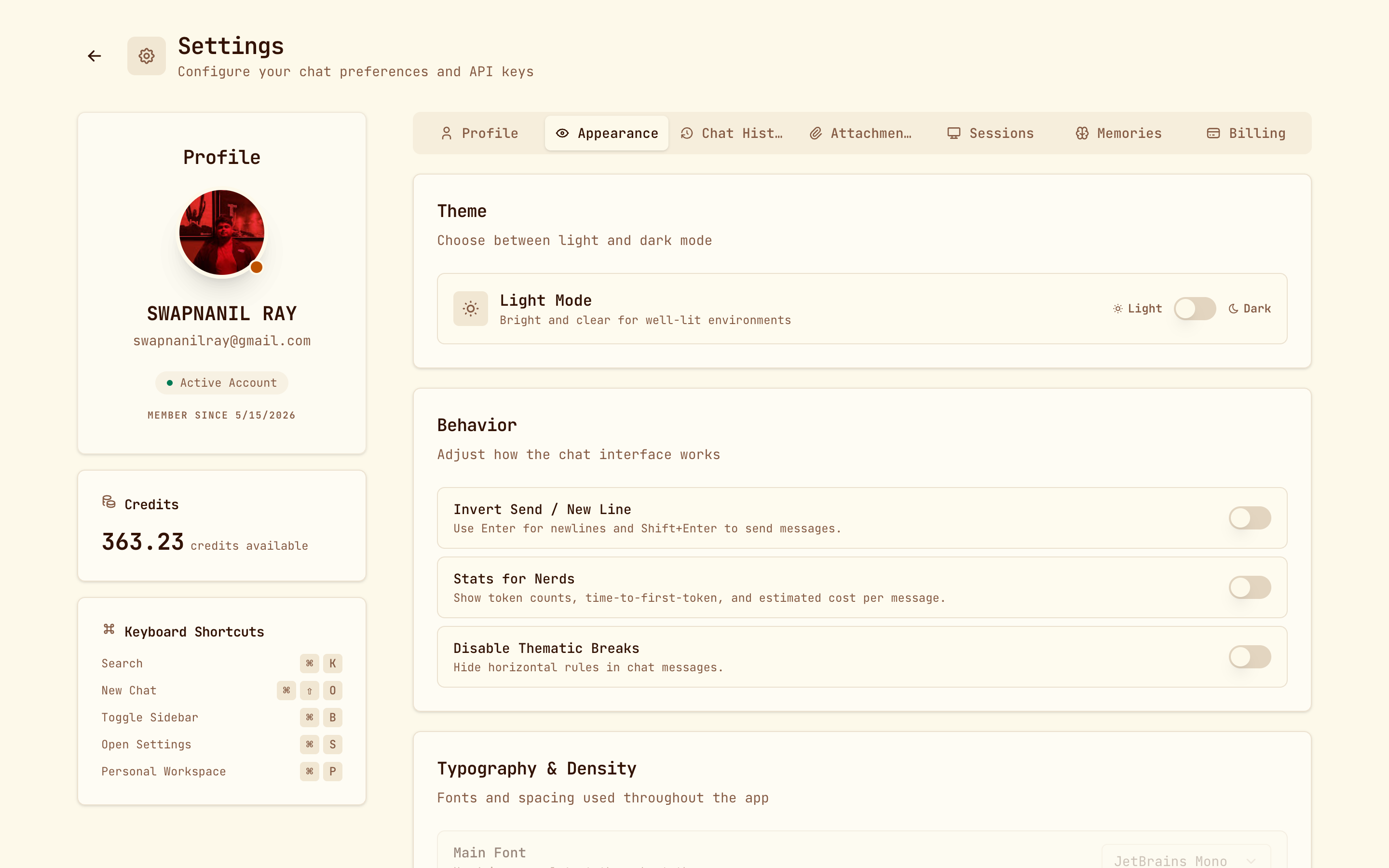 Settings, Appearance tab