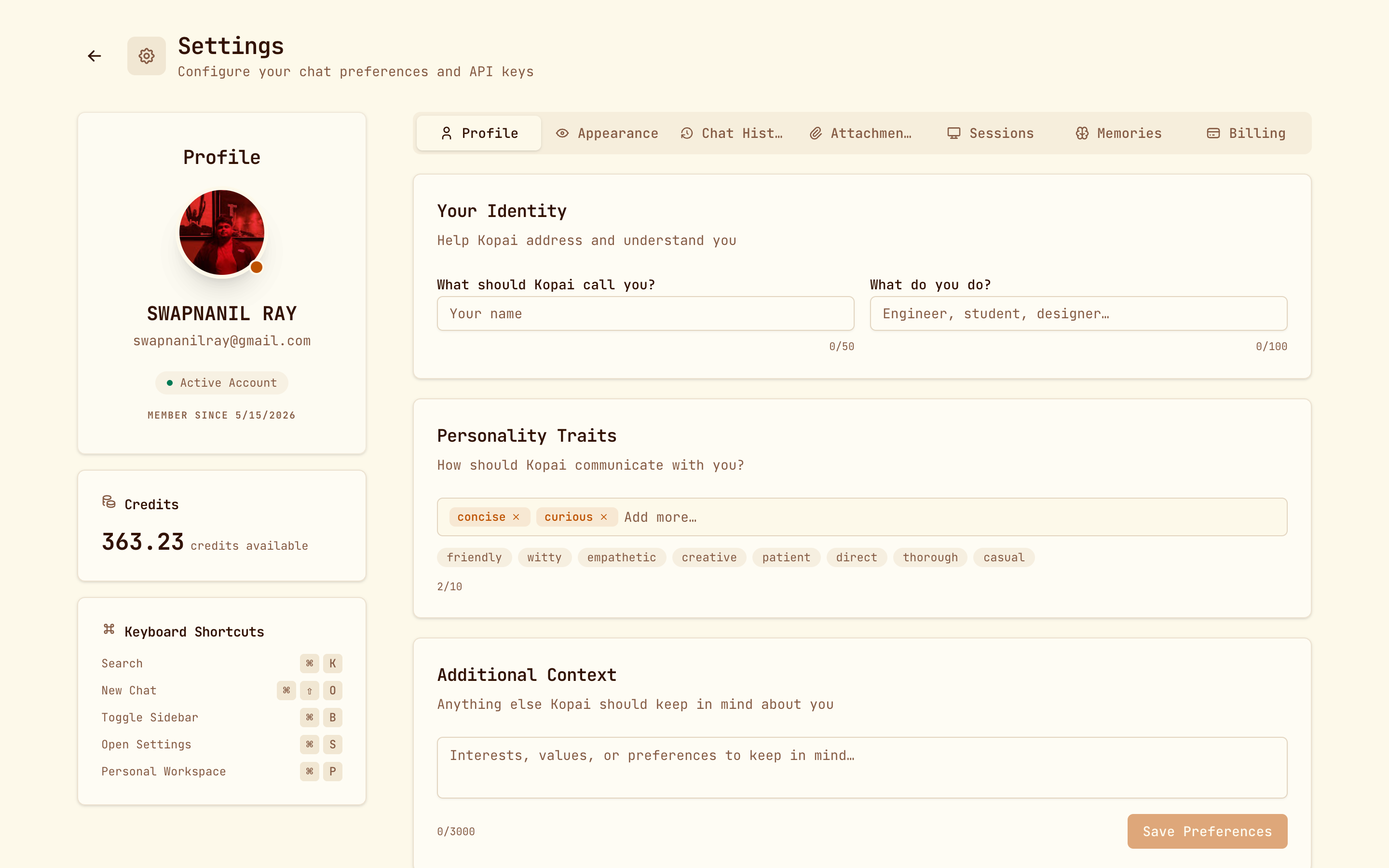 Settings, Profile tab, with identity fields and personality traits