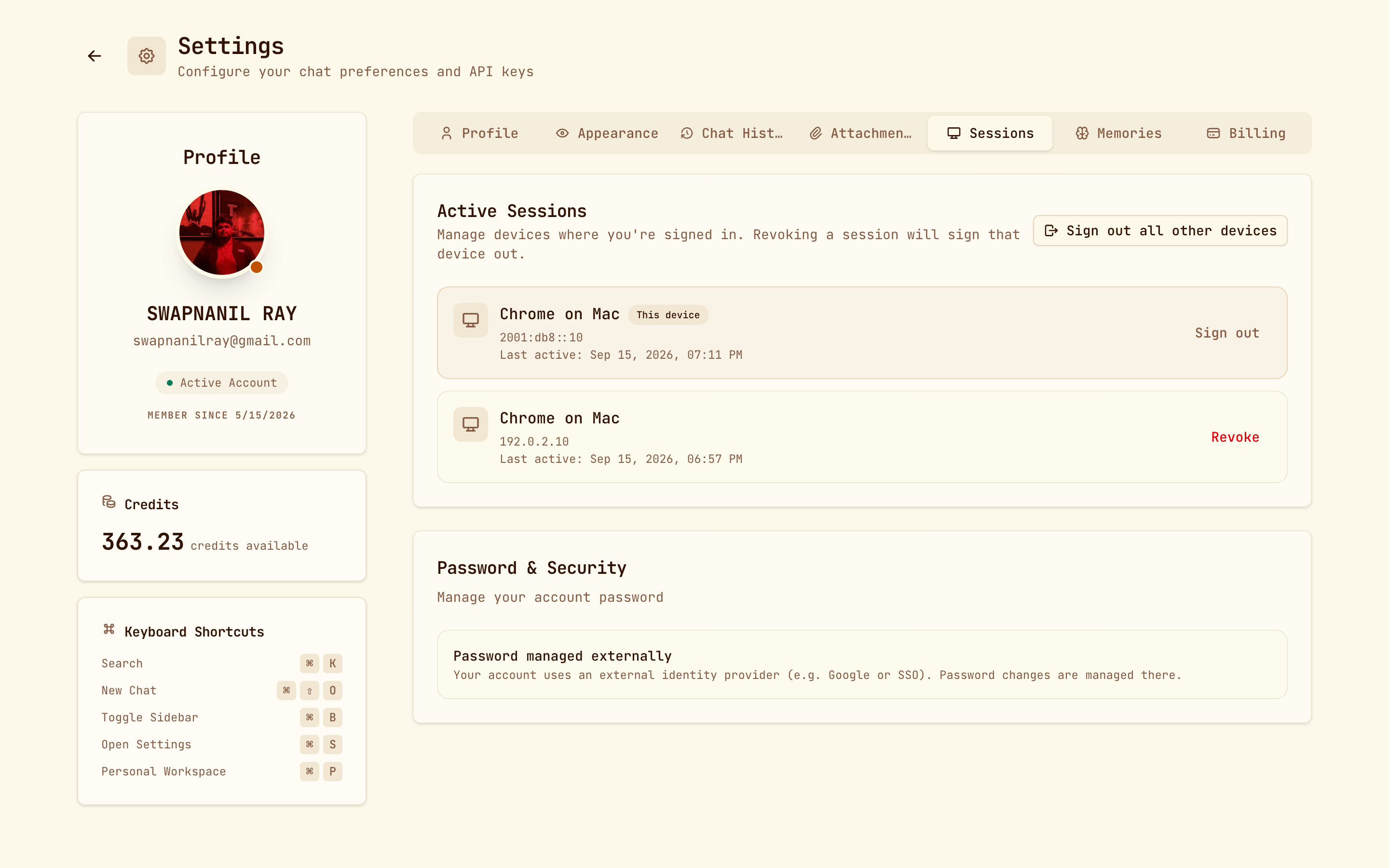 Settings, Sessions tab, with active sessions and password settings